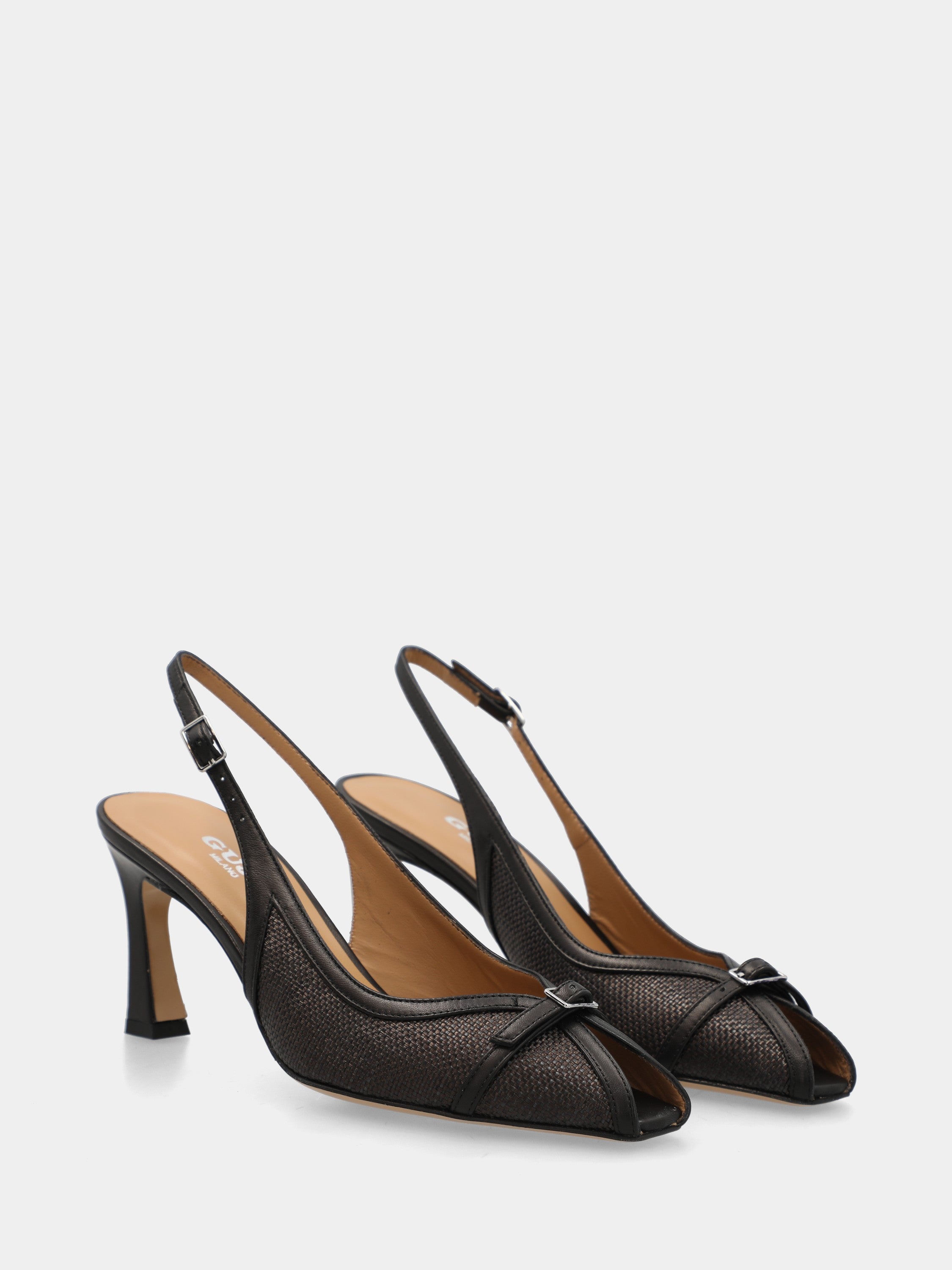 Sandalo slingback in tessuto nero con tacco a coda