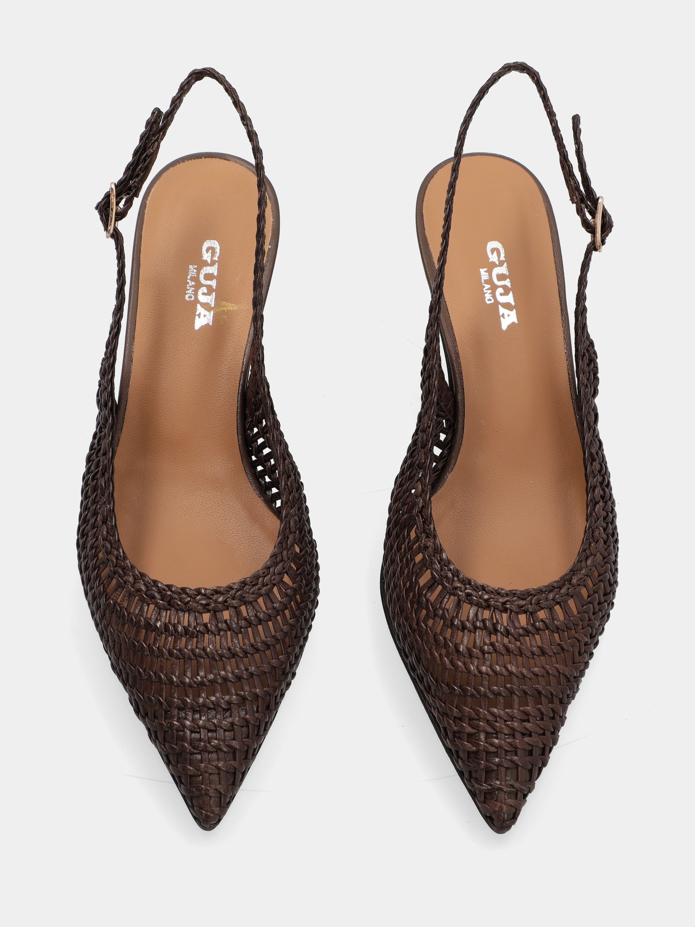 Slingback aus Nappaleder in Dunkelbraun mit Flechtmuster und spitzer Spitze