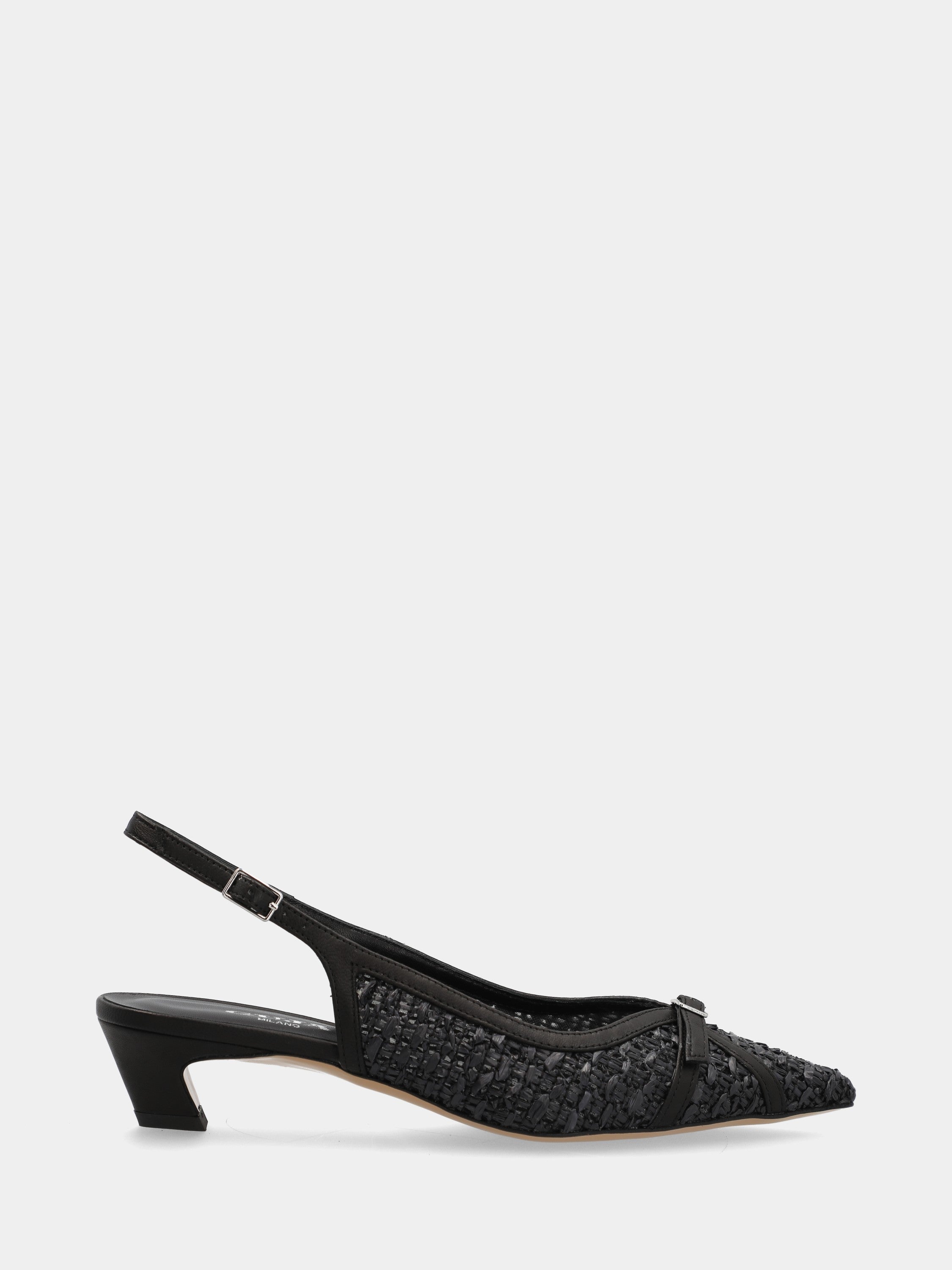 Slingback in rafia nera intrecciata con tacco a coda