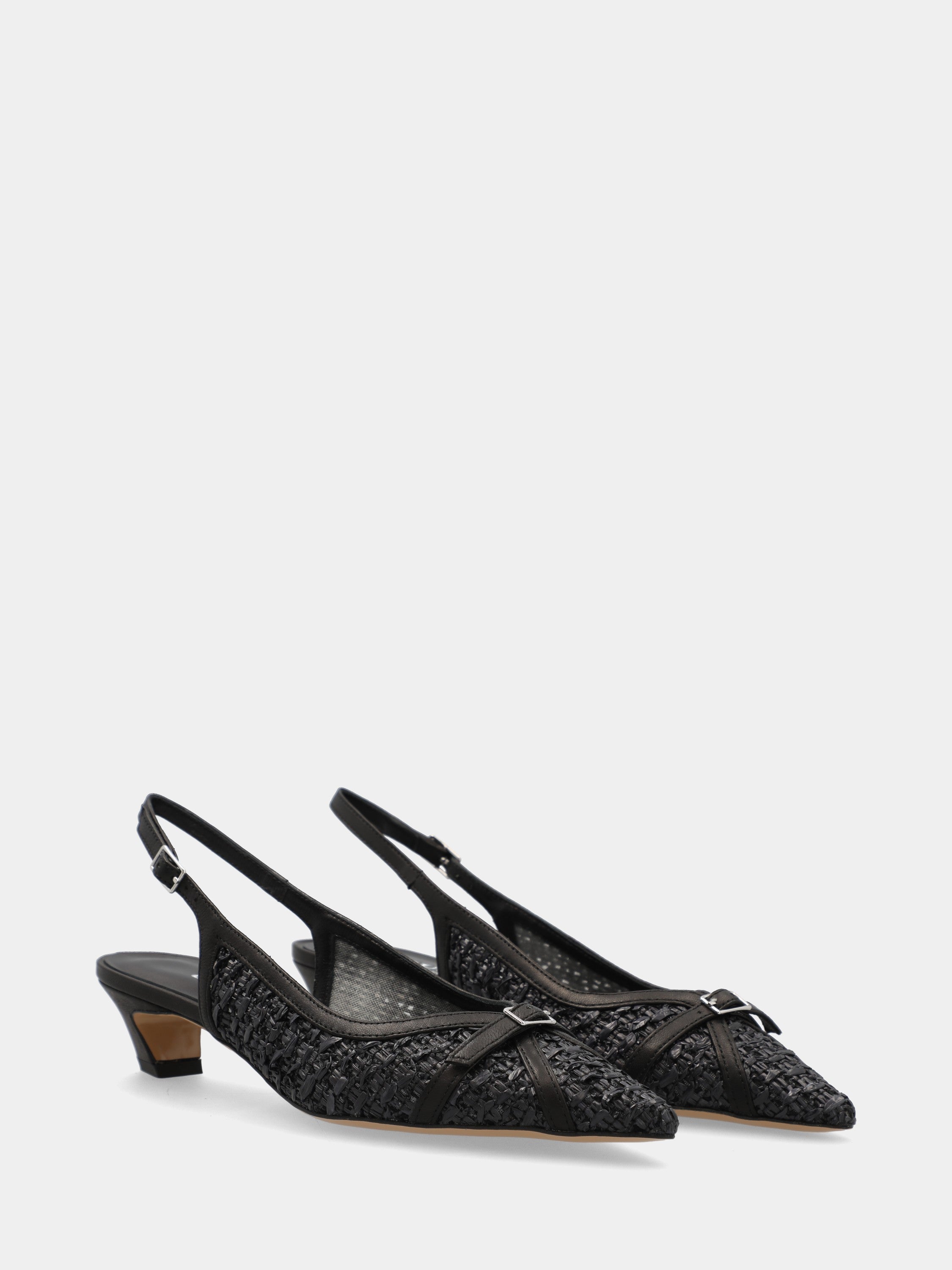 Slingback in rafia nera intrecciata con tacco a coda