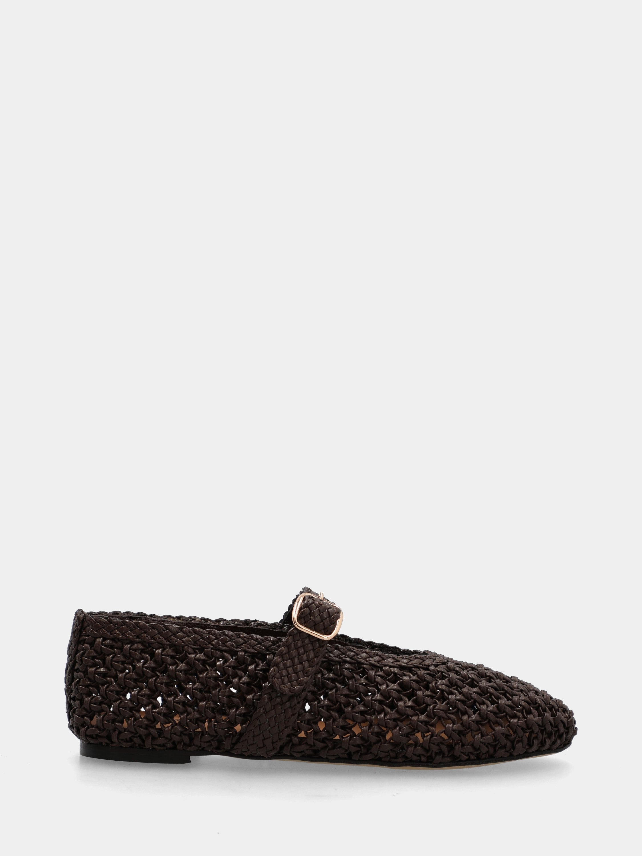 Ballet flat in woven dark brown nappa with perforations