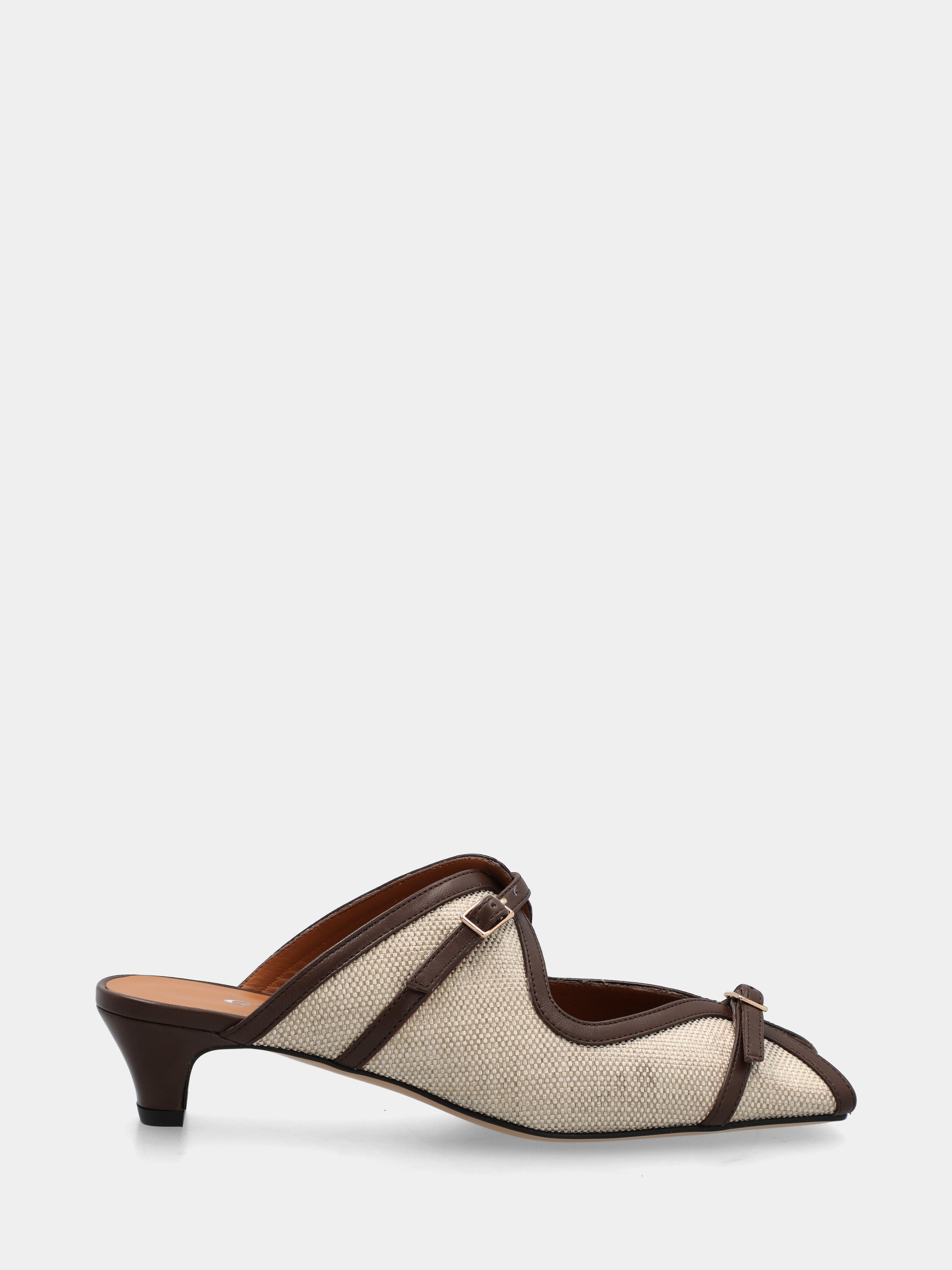 Sabot in tessuto beige con profili in pelle testa di moro