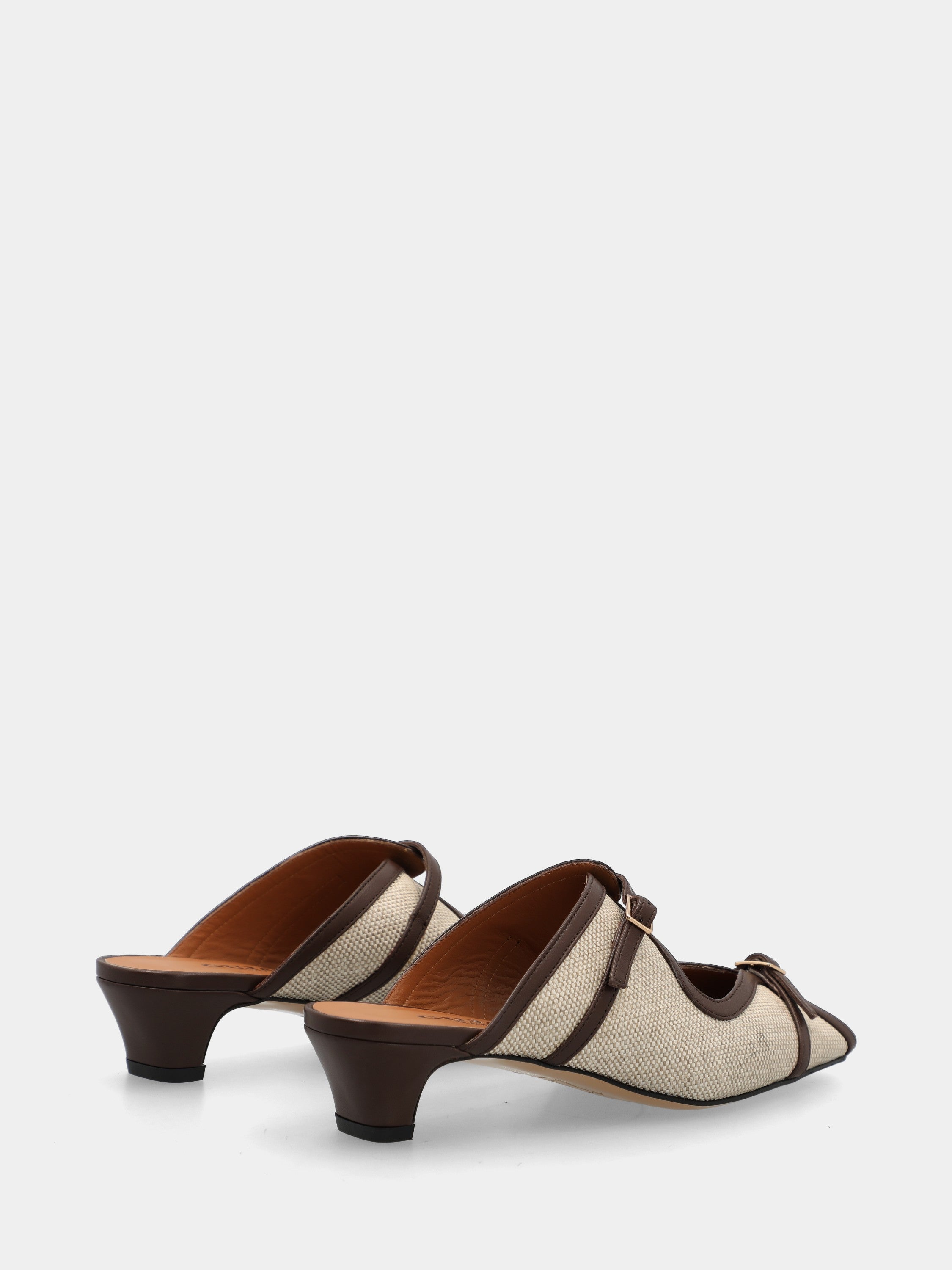 Beige fabric clog with dark brown leather trim