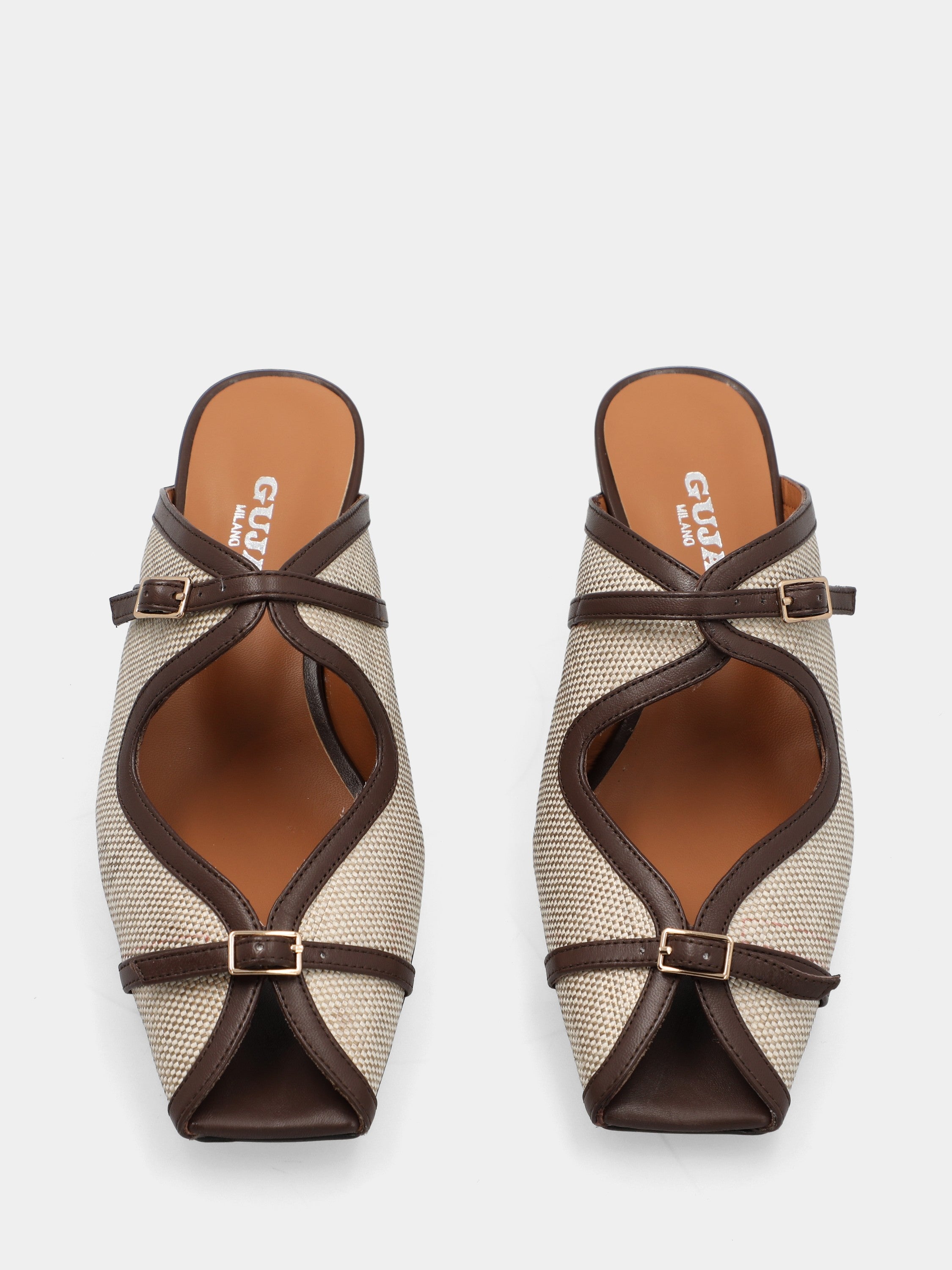 Beige fabric clog with dark brown leather trim