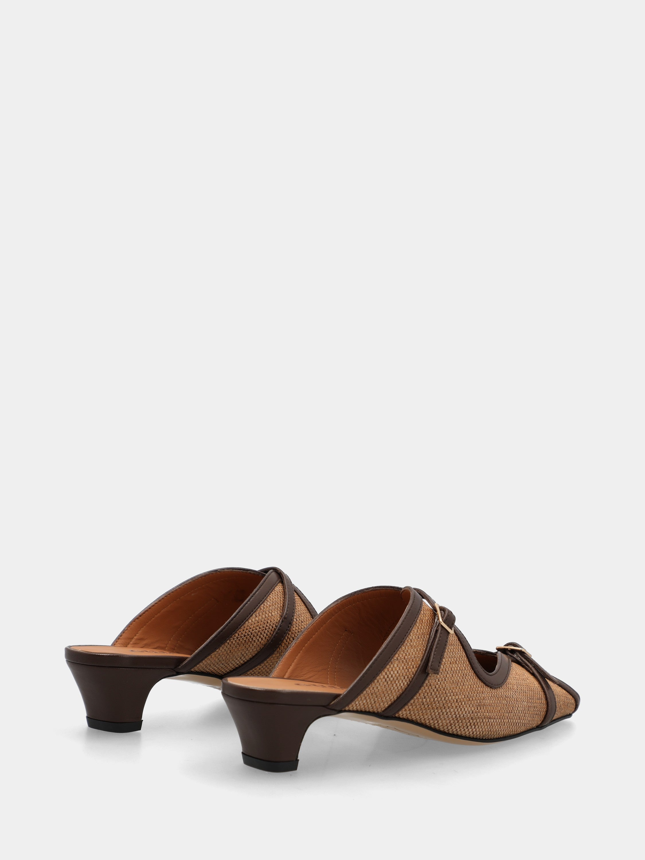 Hazelnut fabric clogs with dark brown leather trim