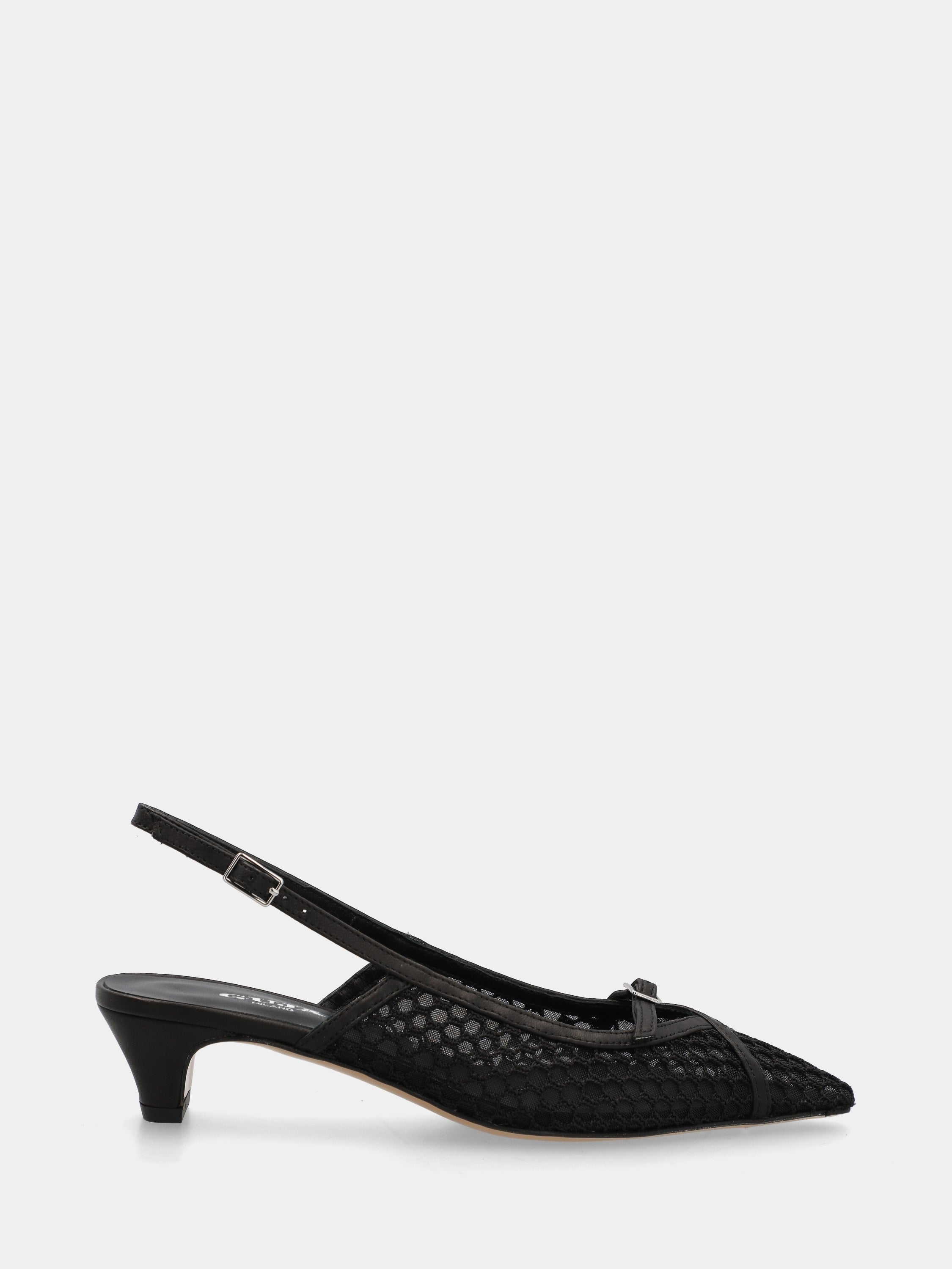 Slingback in tessuto nero con rete uncinetto e tacco semicono