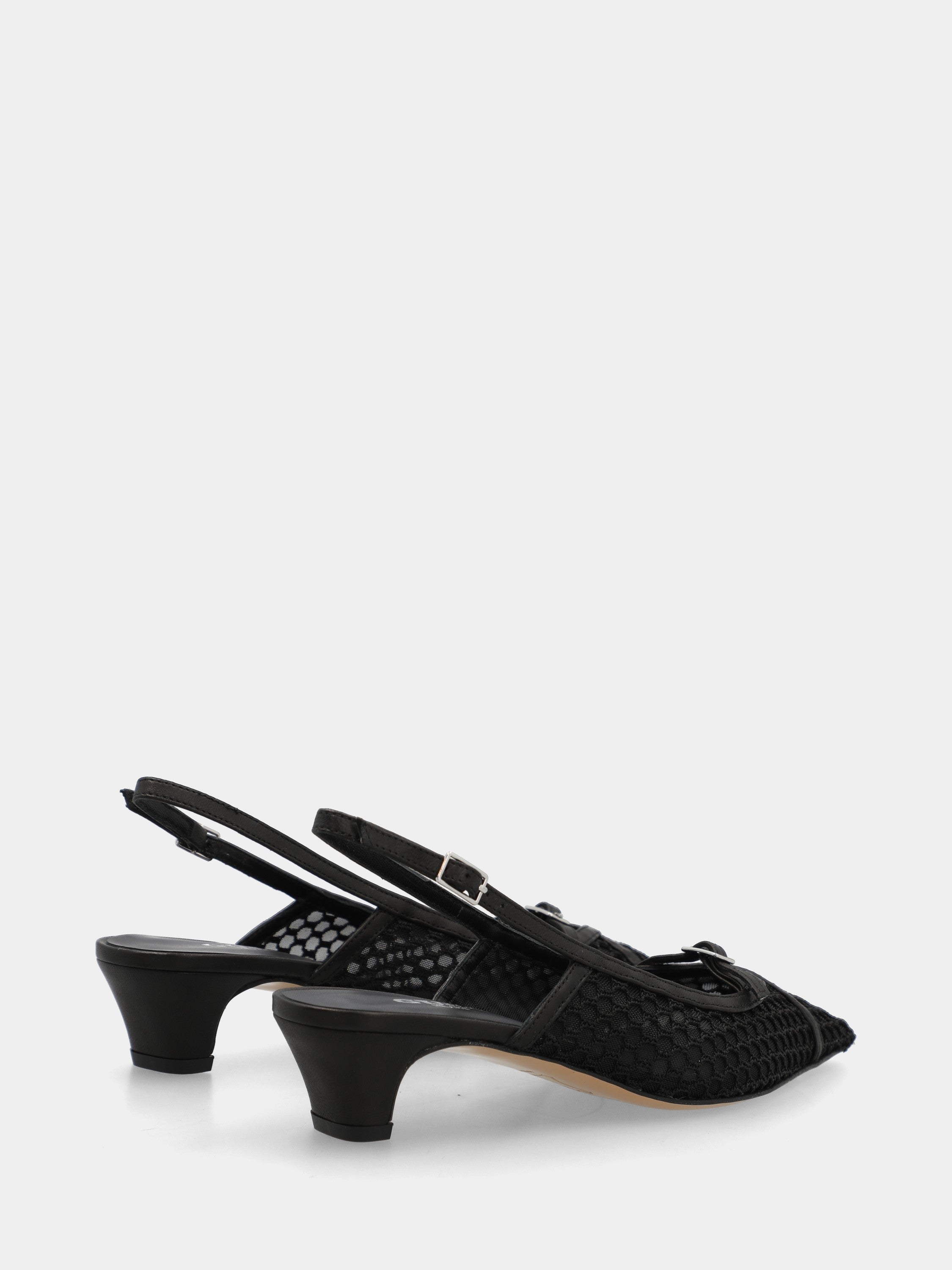 Black fabric slingback with crochet mesh and semi-cone heel