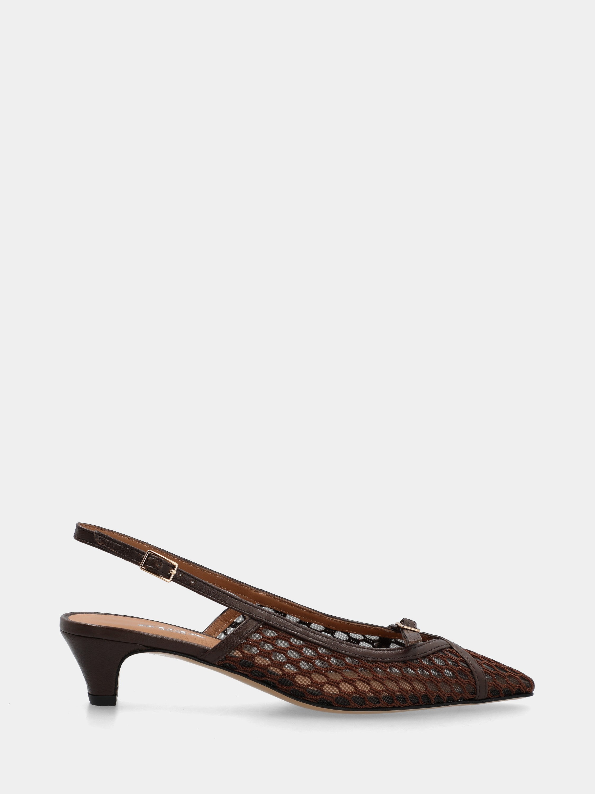 Dark brown fabric slingback with crochet mesh and semi-cone heel
