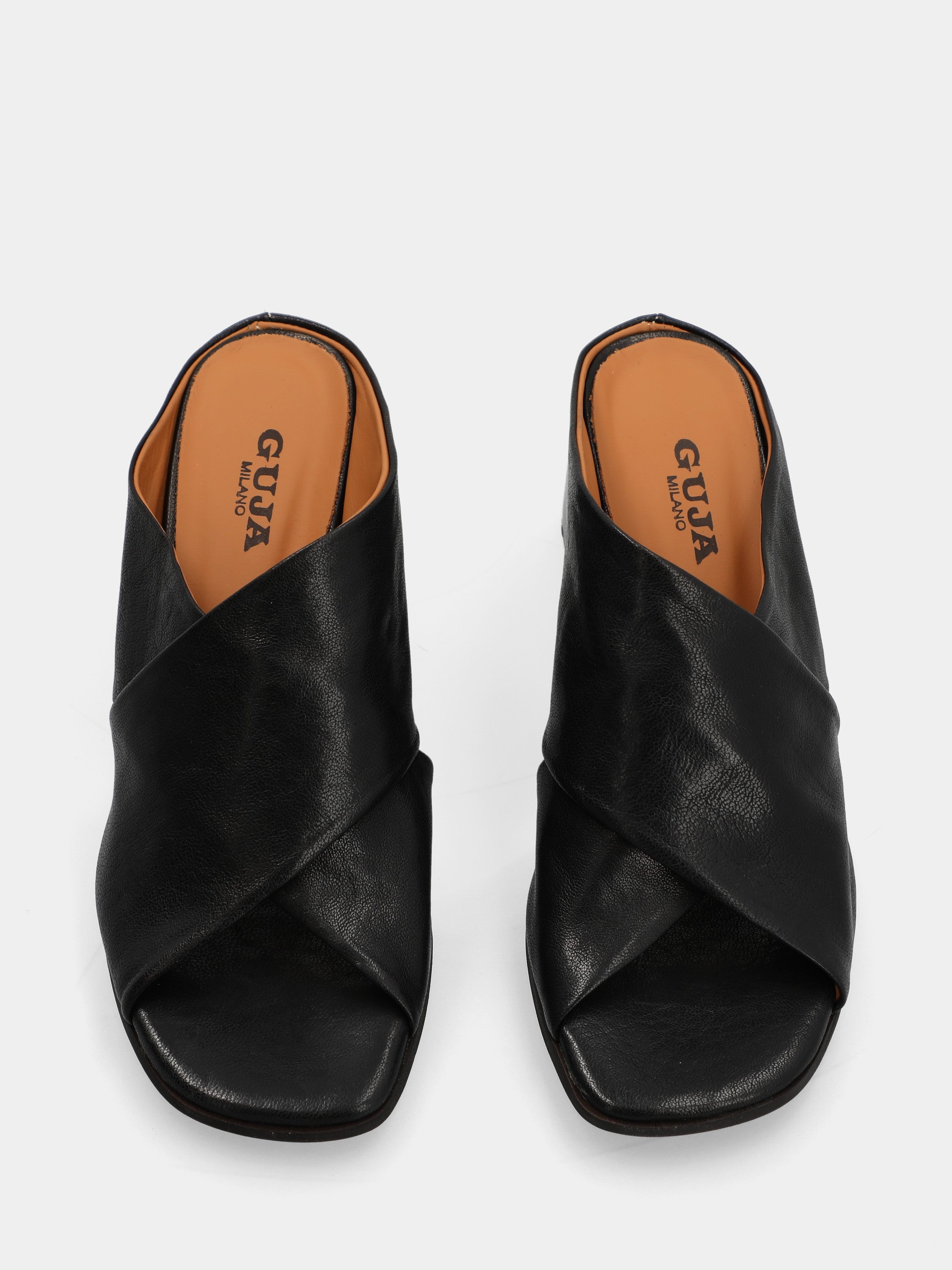 Black calf leather slide sandal with crossed straps