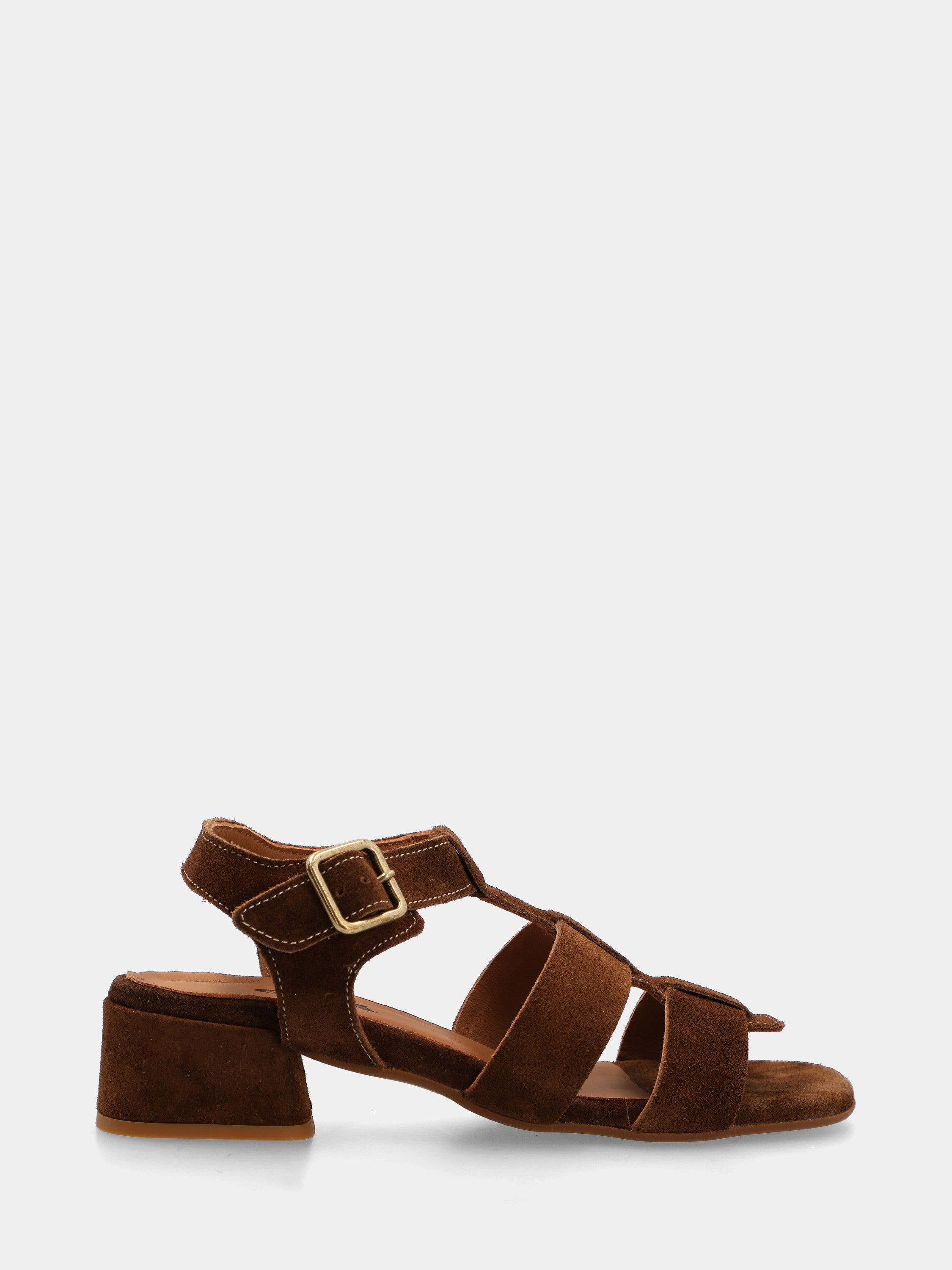 Dark brown suede sandal with raw-edge straps