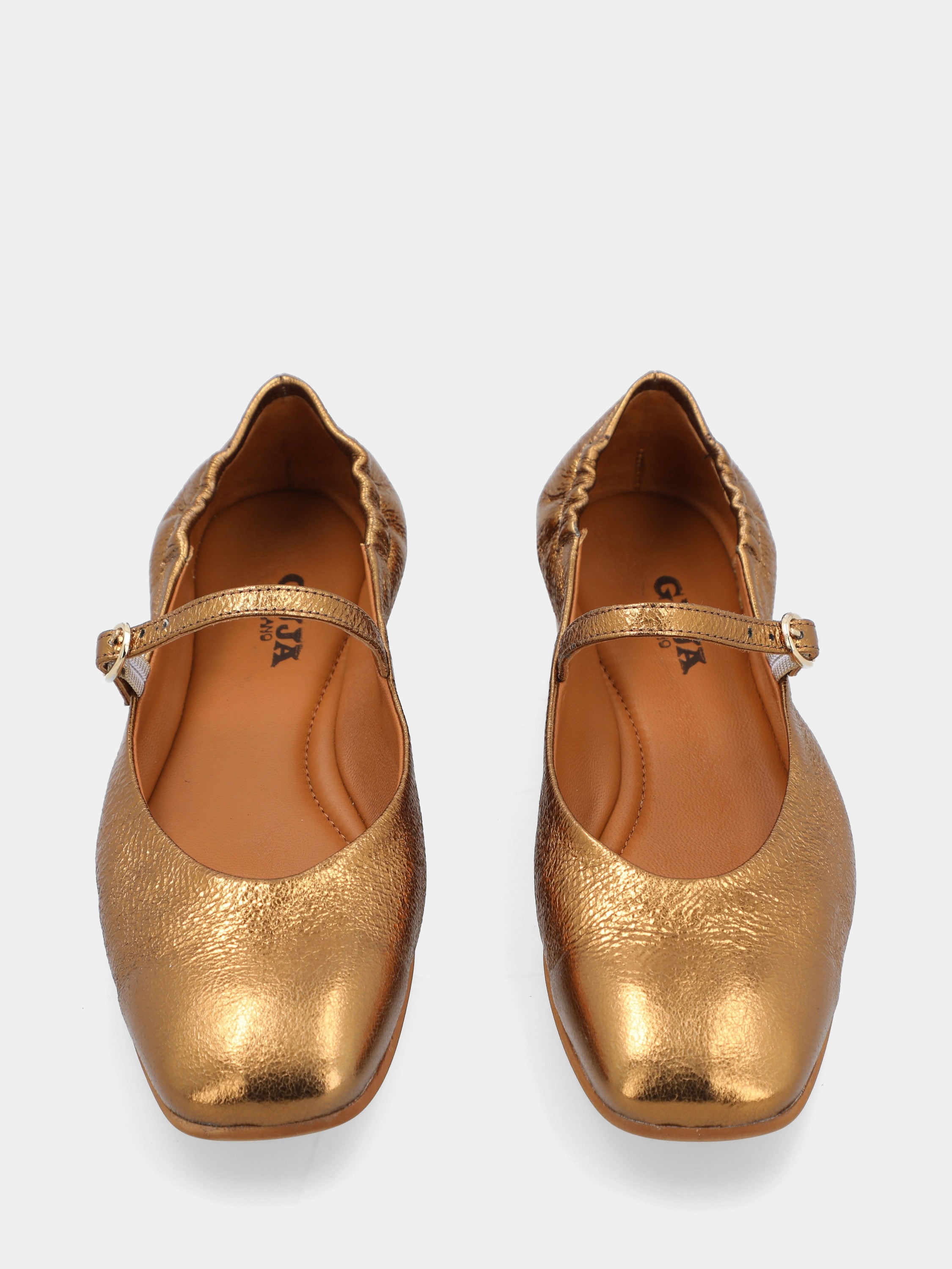 Ballet flat Mary Jane in bronze laminate with sacchetto construction