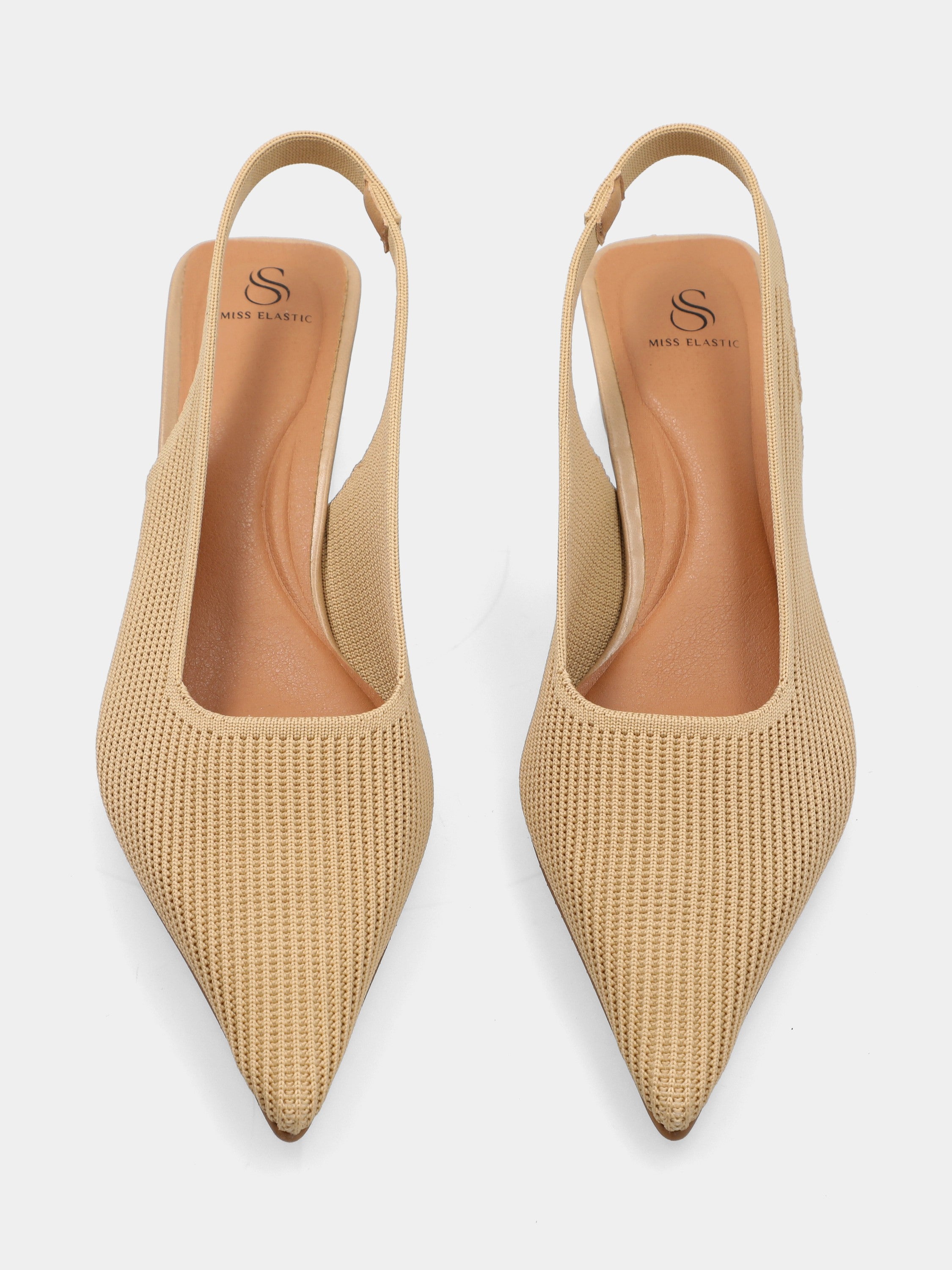 Beige fabric slingback with elastic mesh and block heel