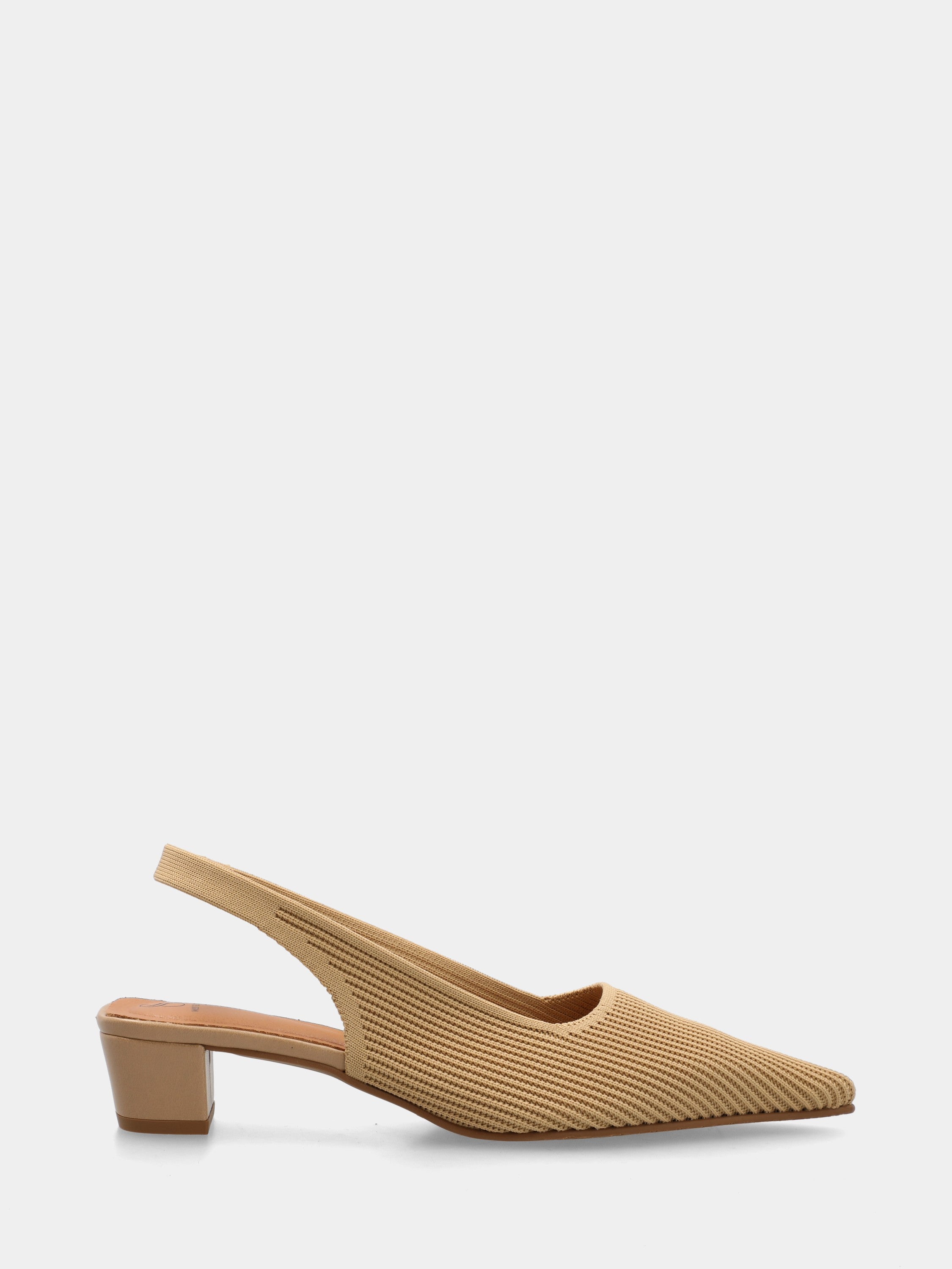 Beige fabric slingback with elastic mesh and block heel