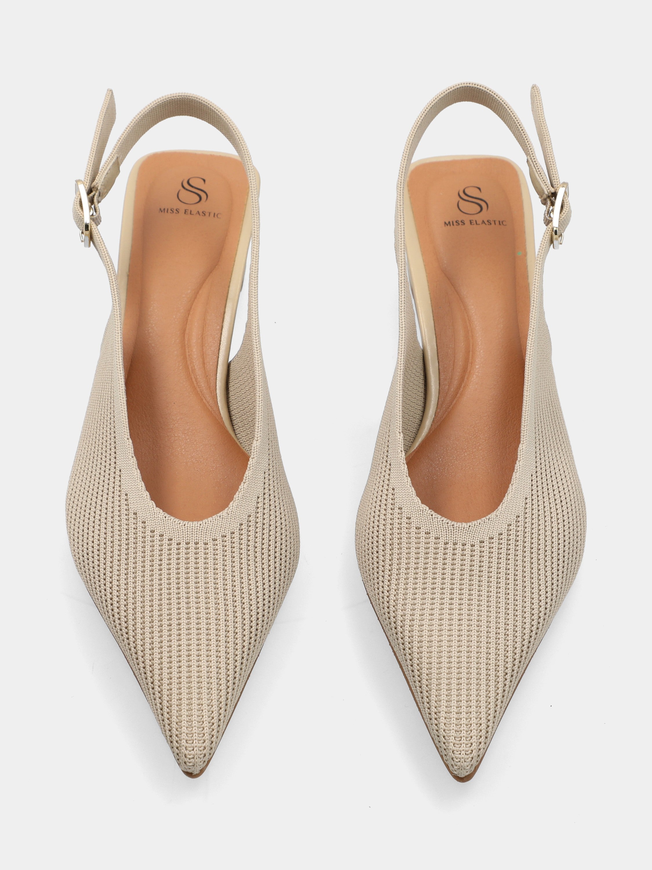 Beige stretch fabric slingback with block heel