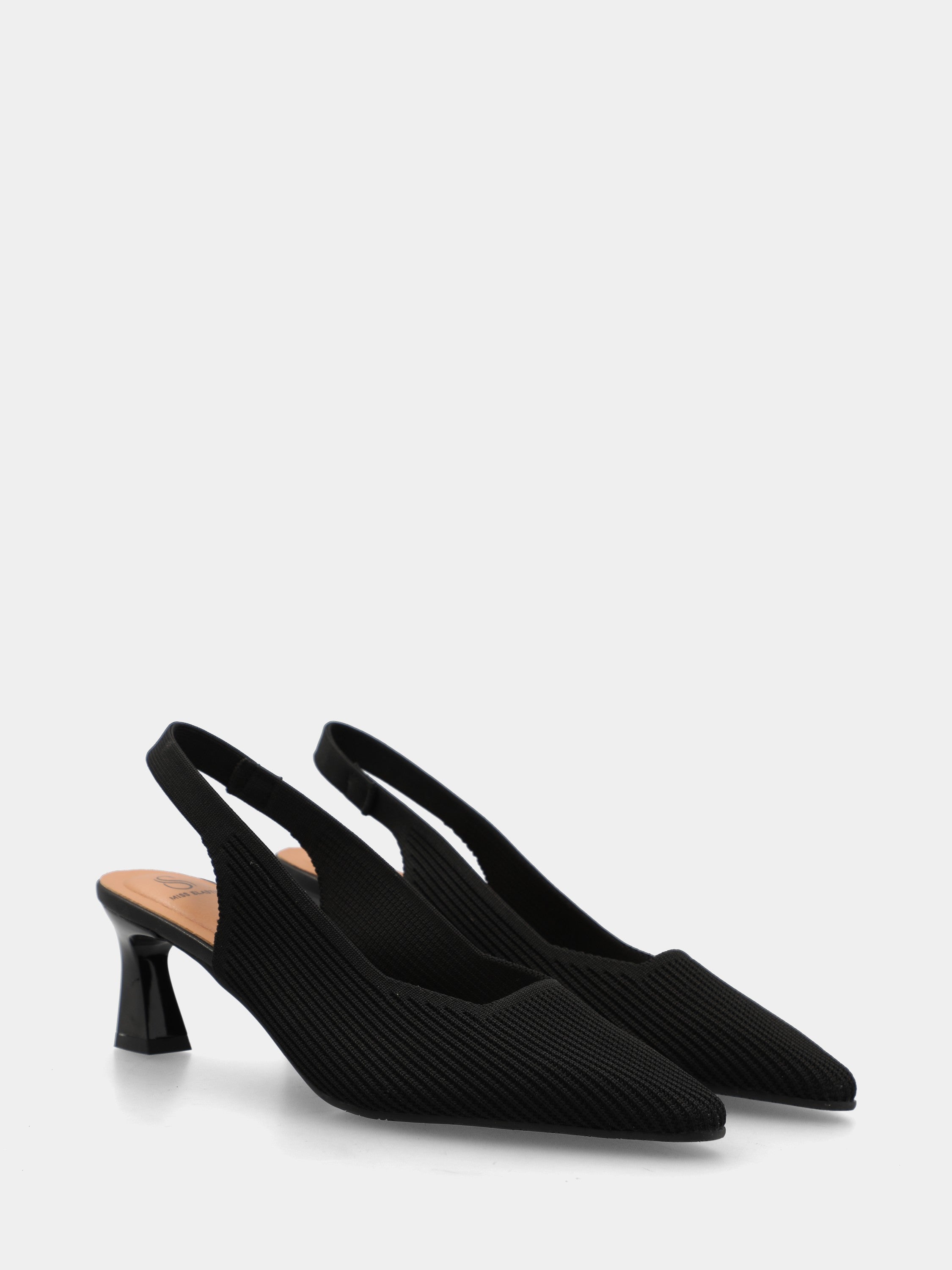 Schwarzer Slingback aus elastischem Stoff mit Netz und Hammerschlag-Absatz