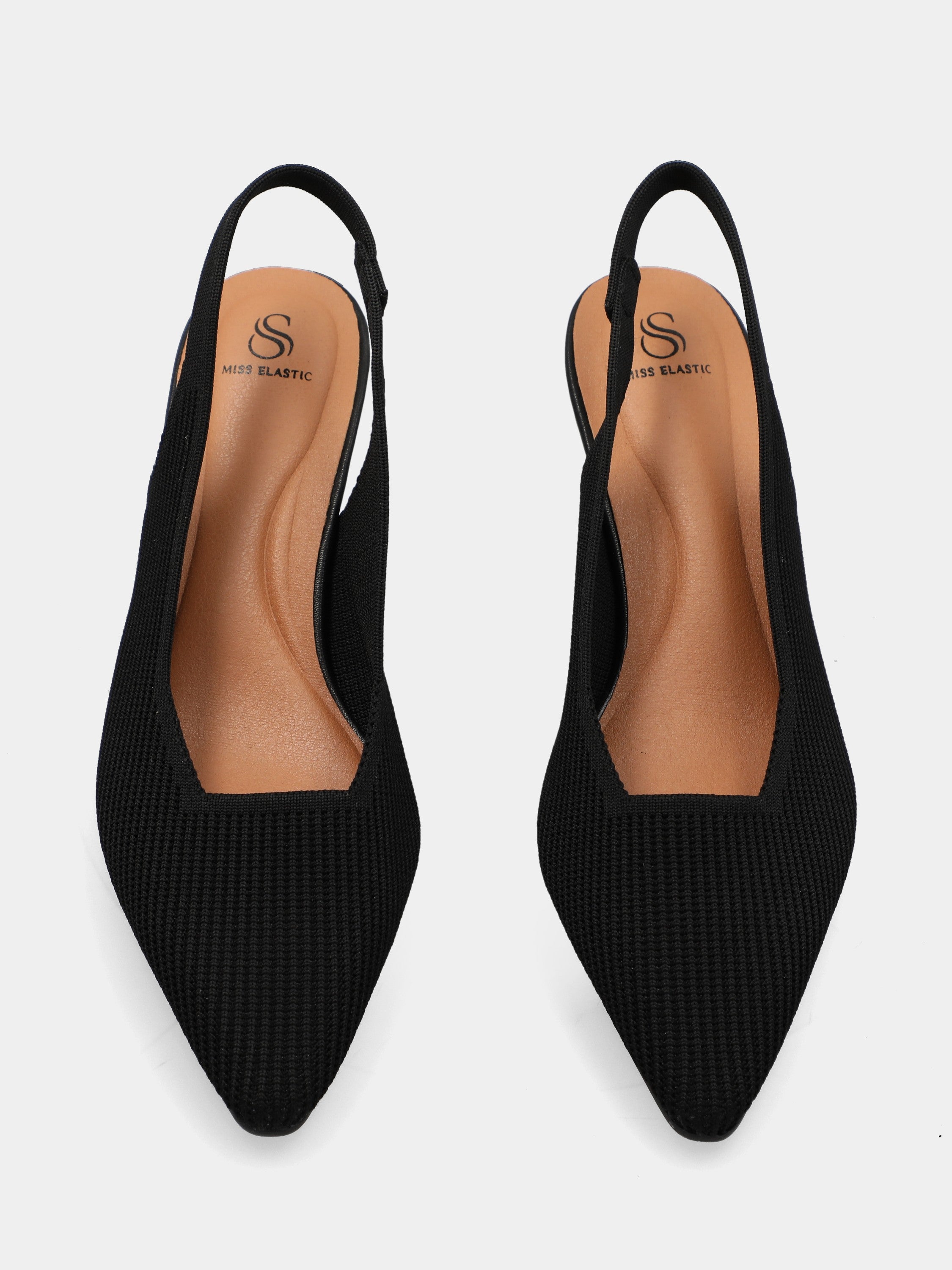 Schwarzer Slingback aus elastischem Stoff mit Netz und Hammerschlag-Absatz