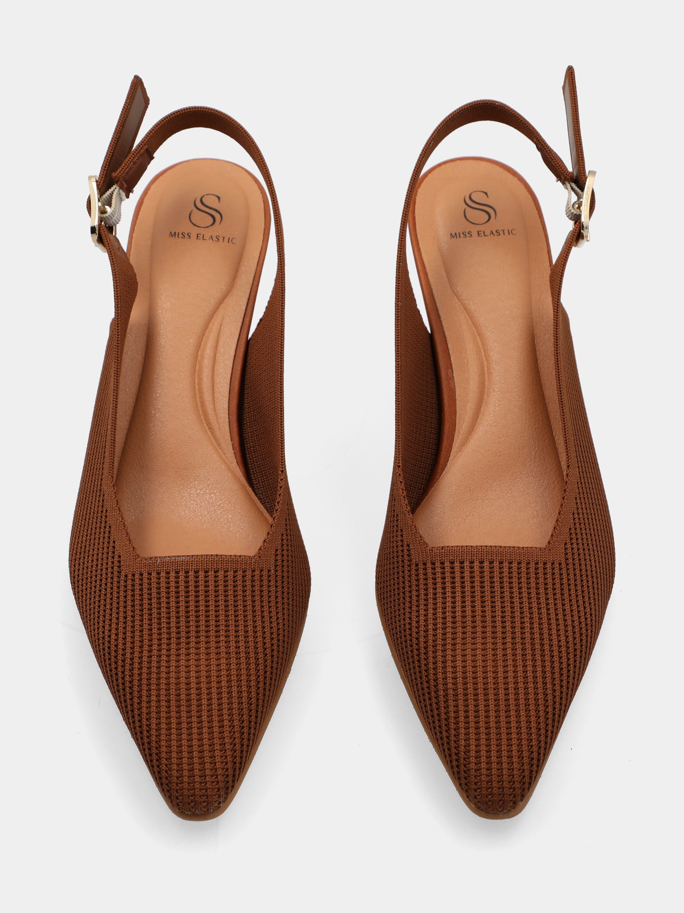 Slingback en tissu élastique marron avec résille et talon marteau