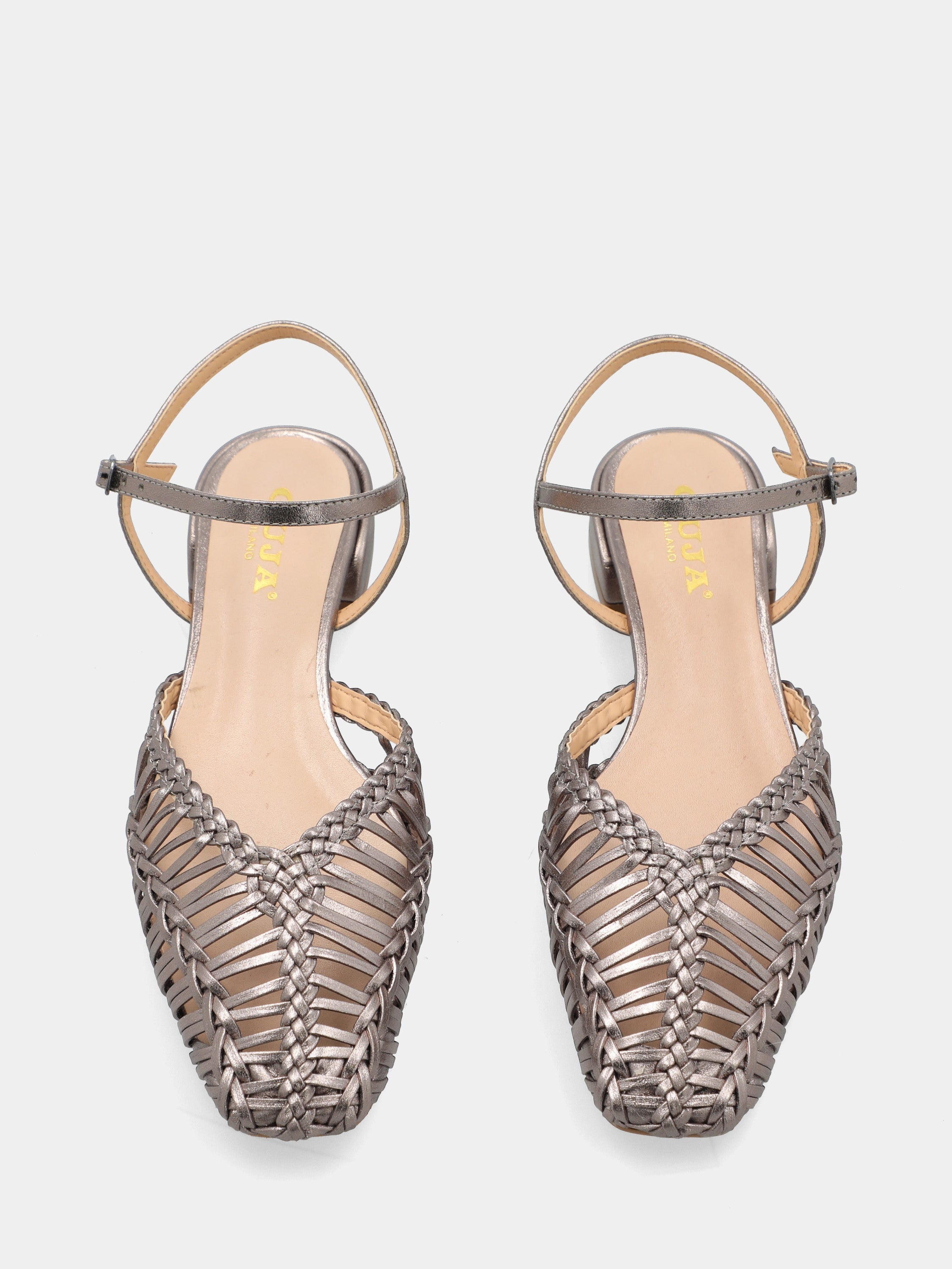 Slingback in laminato acciaio con tomaia intrecciata