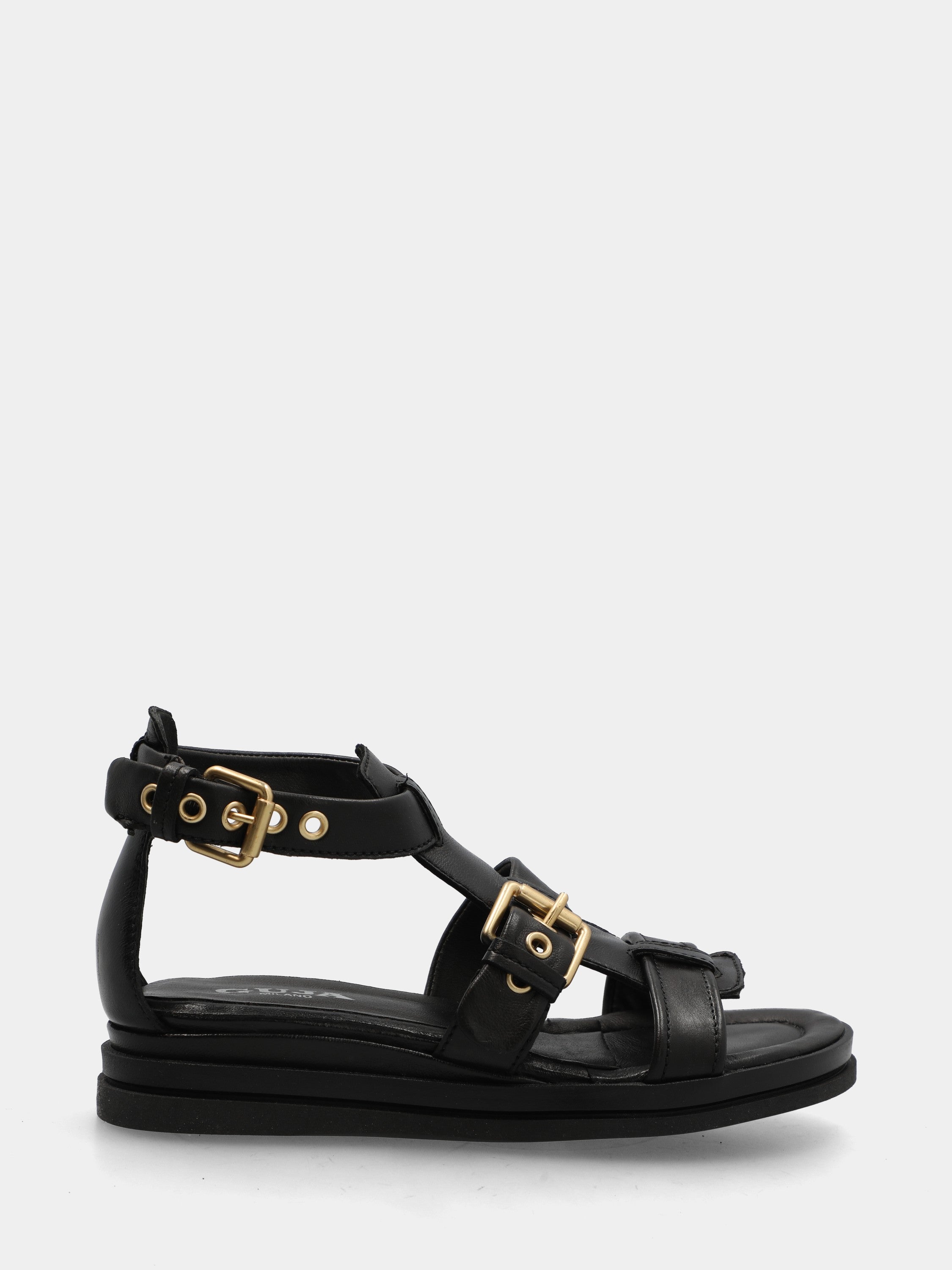 Sandalo zeppa in nappa nera con fibbie a fascia