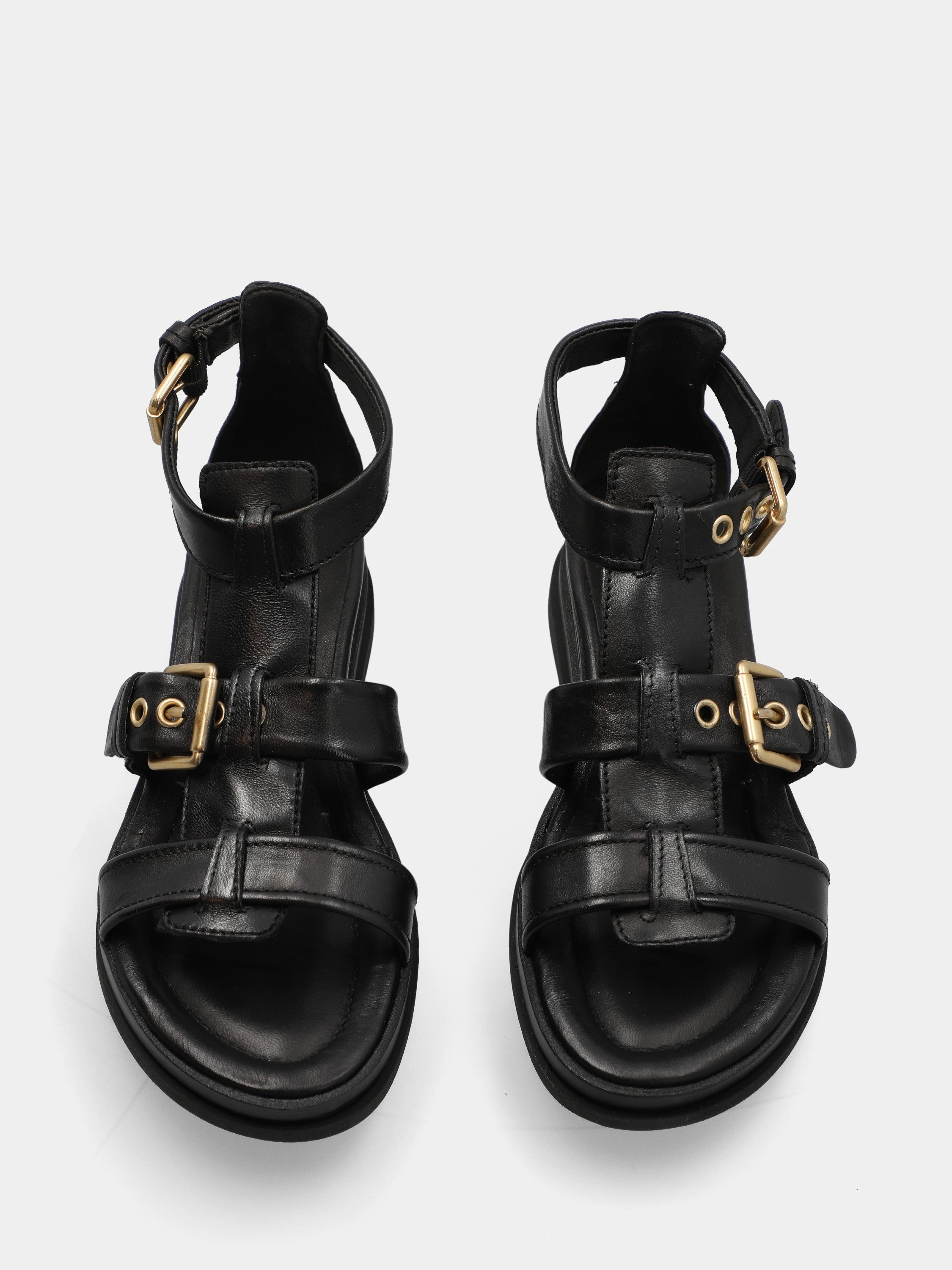 Sandalo zeppa in nappa nera con fibbie a fascia