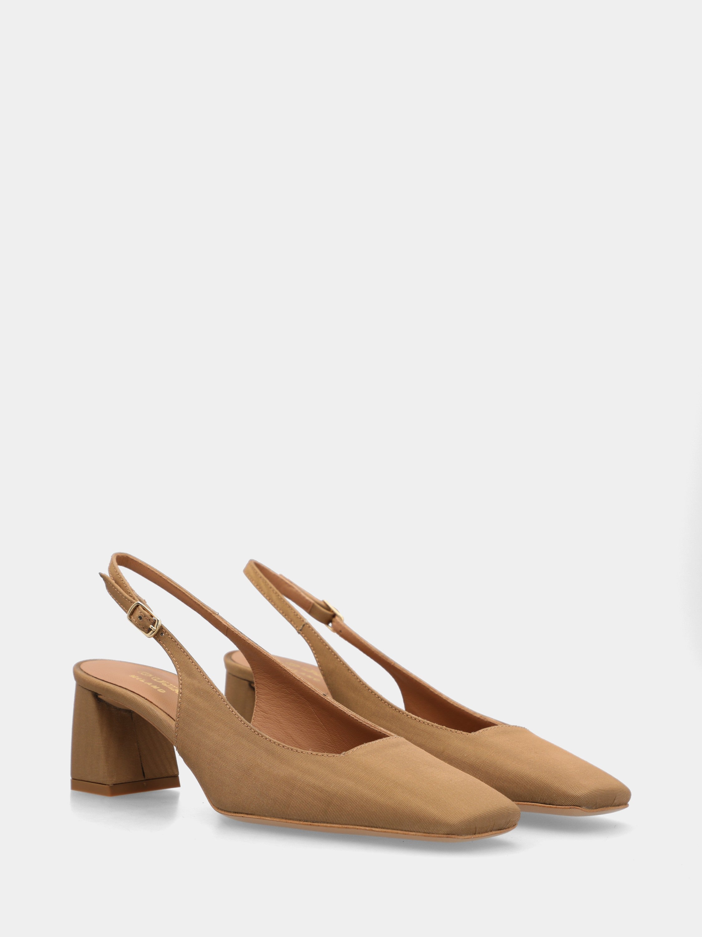 Slingback in tessuto beige con tacco a blocco 50mm
