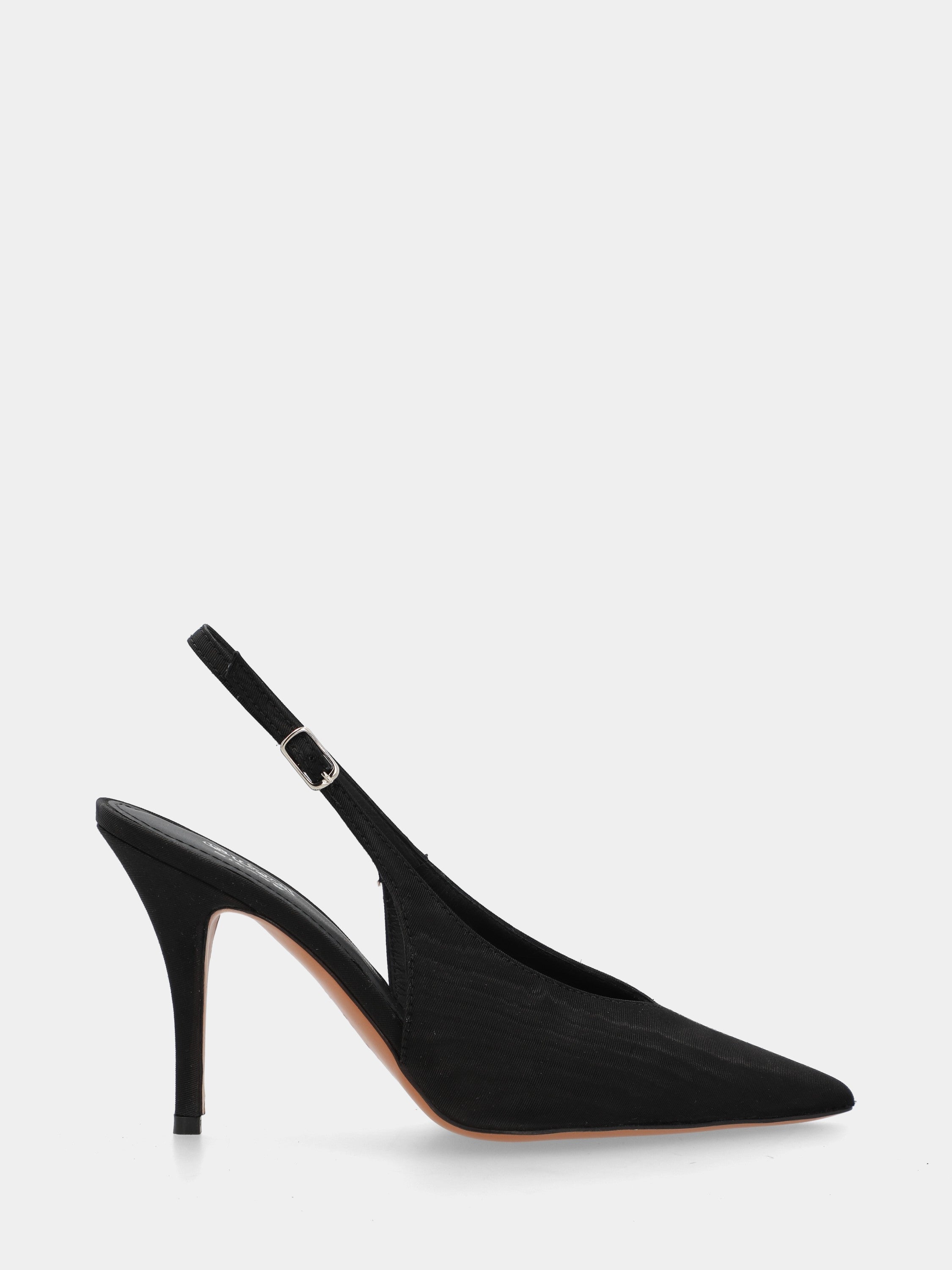 Black fabric slingback with scoop neck and conical heel