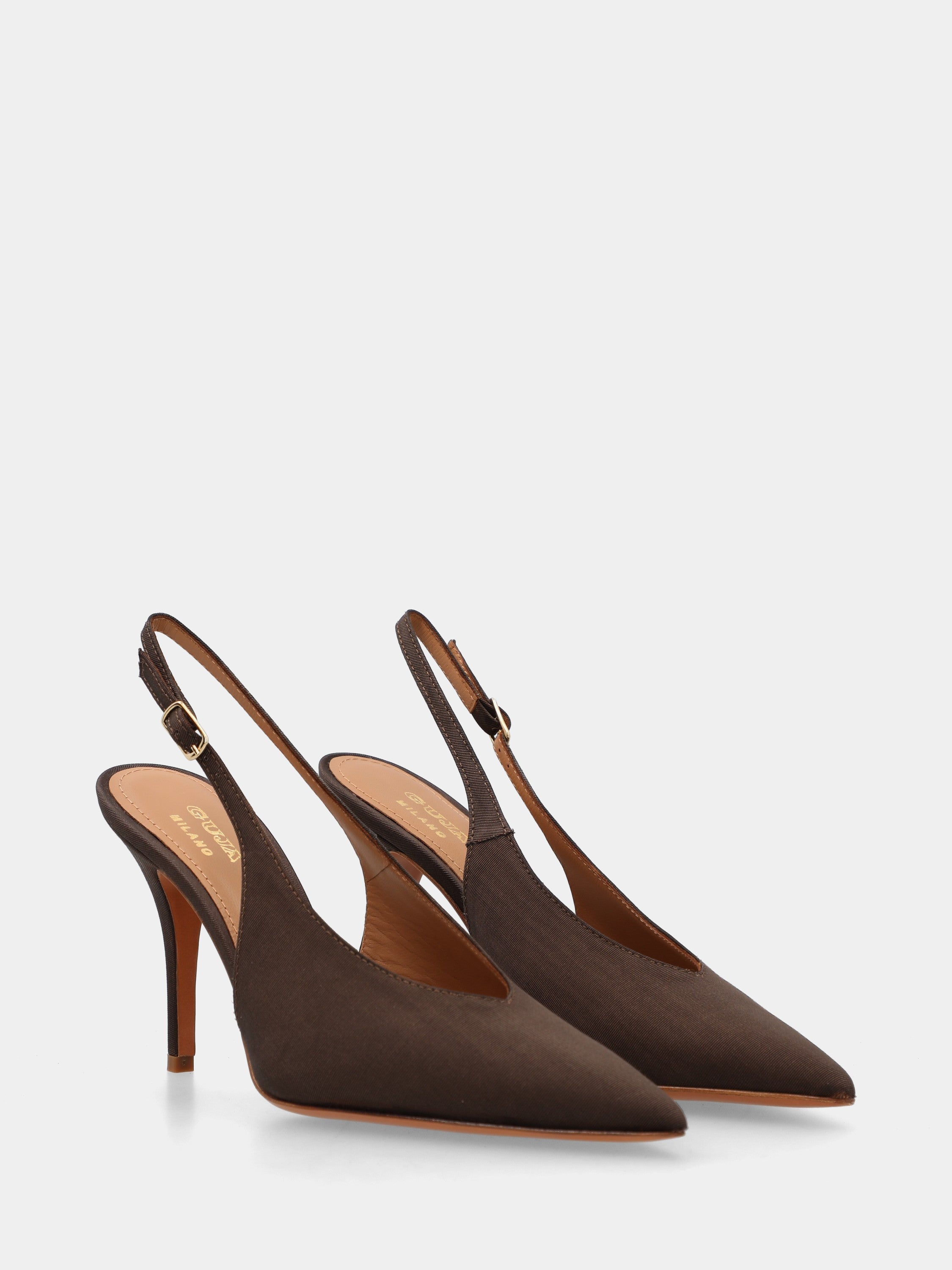 Brown fabric slingback with scoop neck and cone heel