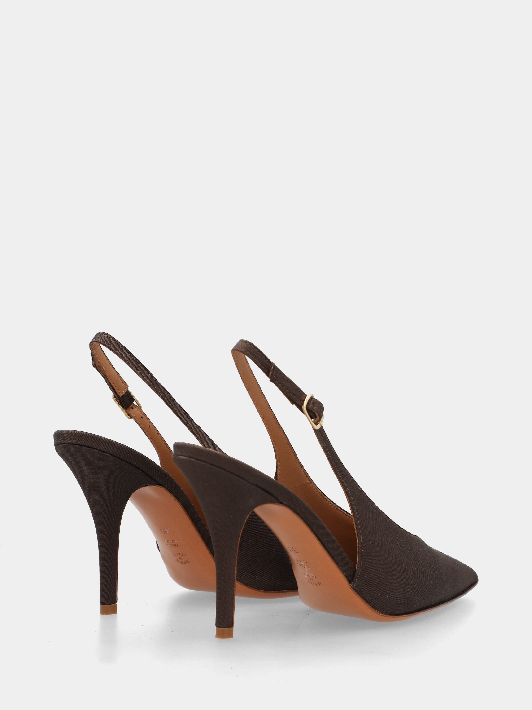 Slingback aus dunkelbraunem Stoff mit U-Ausschnitt und konischem Absatz