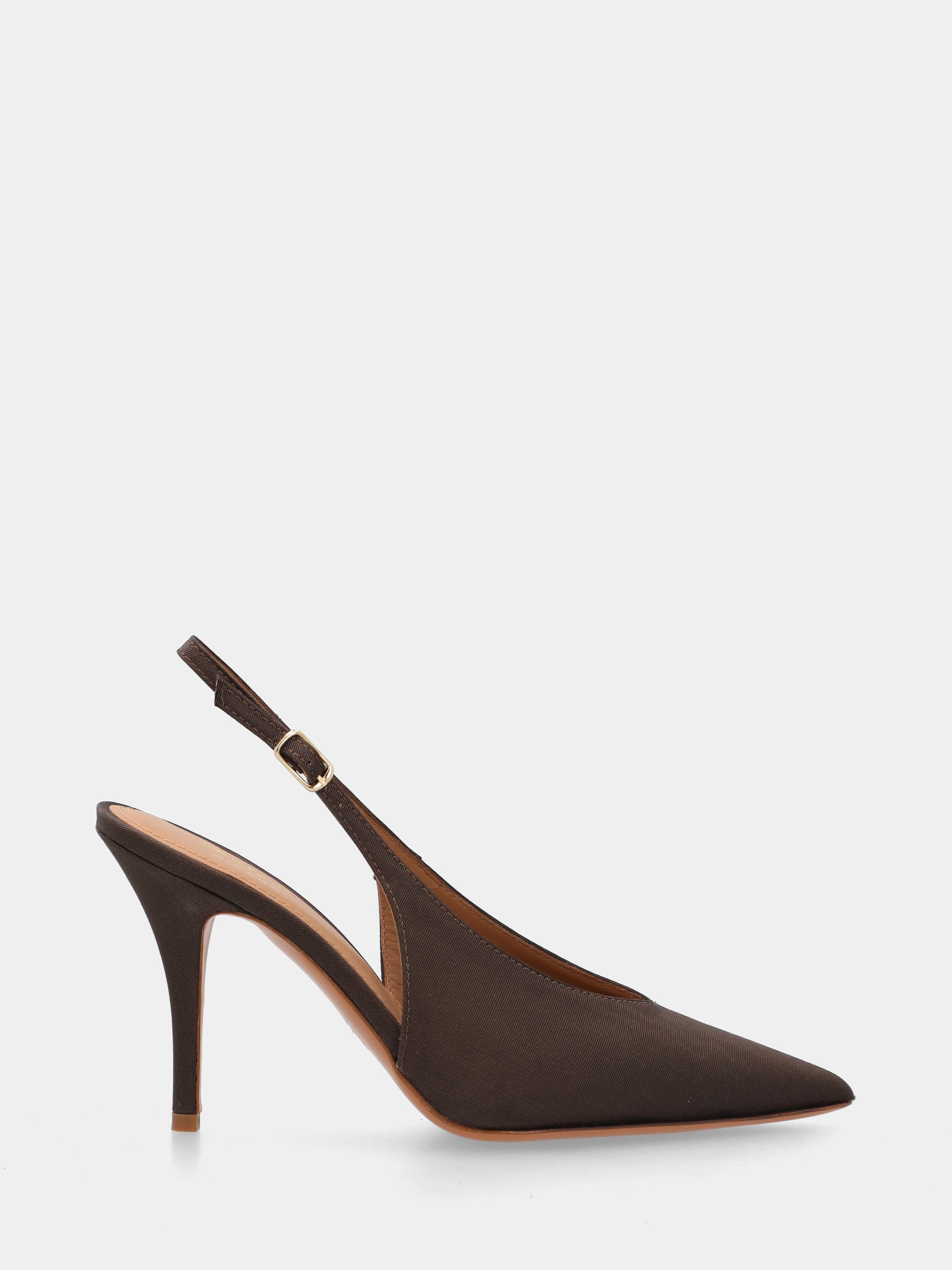 Brown fabric slingback with scoop neck and cone heel