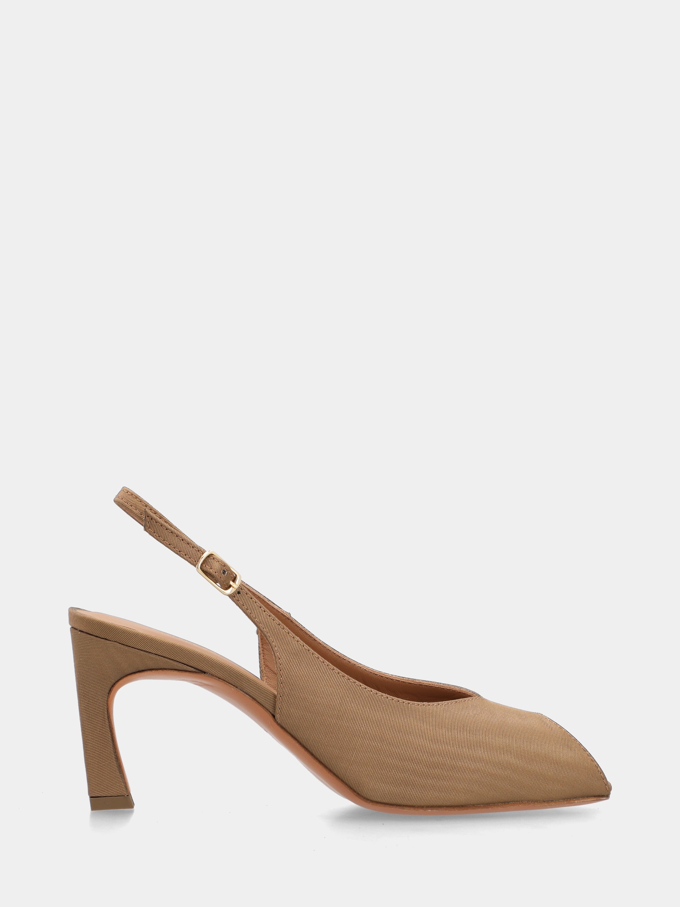 Slingback open toe in tessuto beige con tacco a coda 75mm