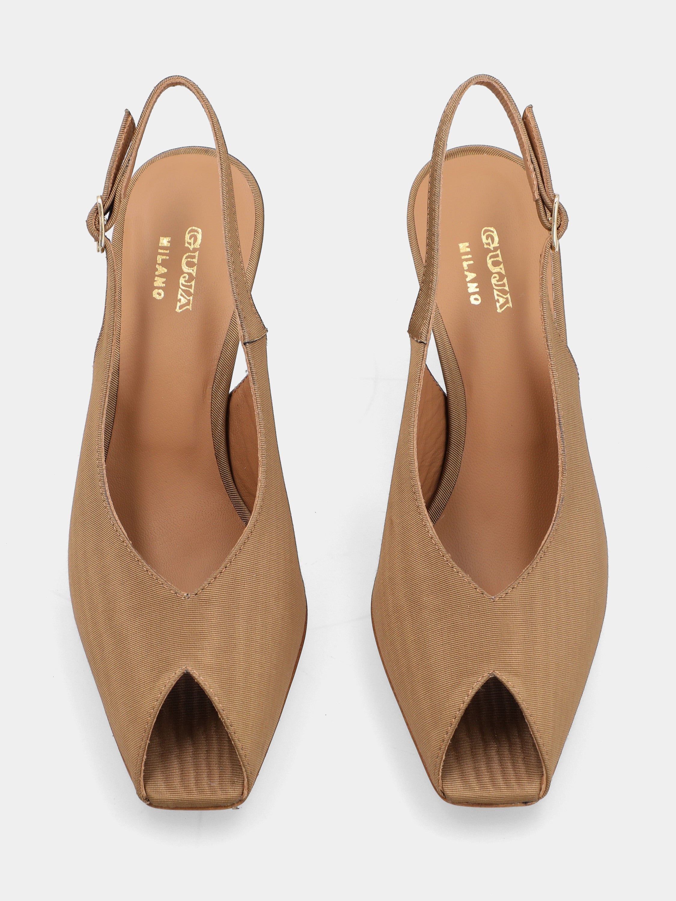 Slingback open toe in tessuto beige con tacco a coda 75mm