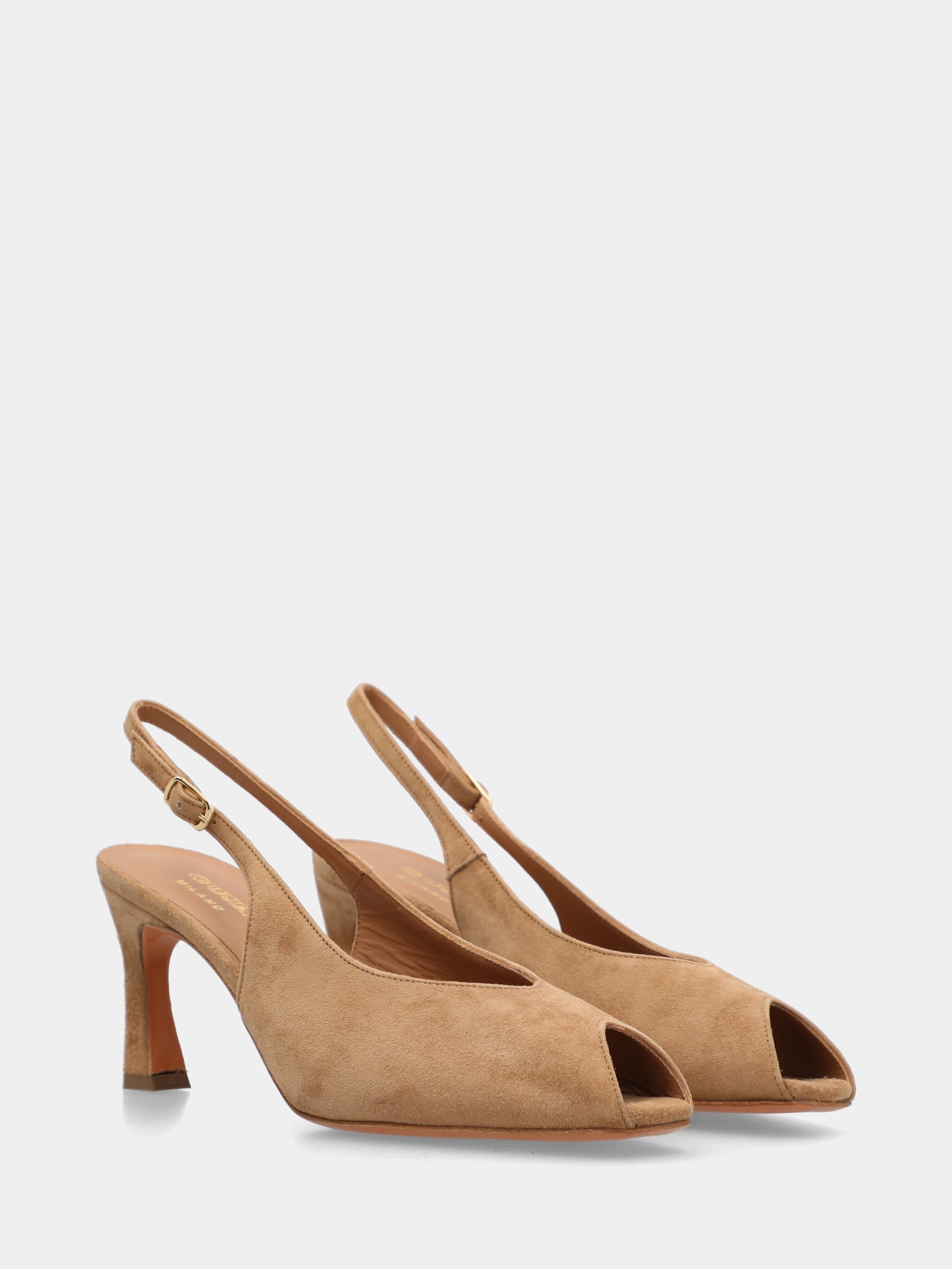 Slingback open-toe in camoscio beige con tacco a coda
