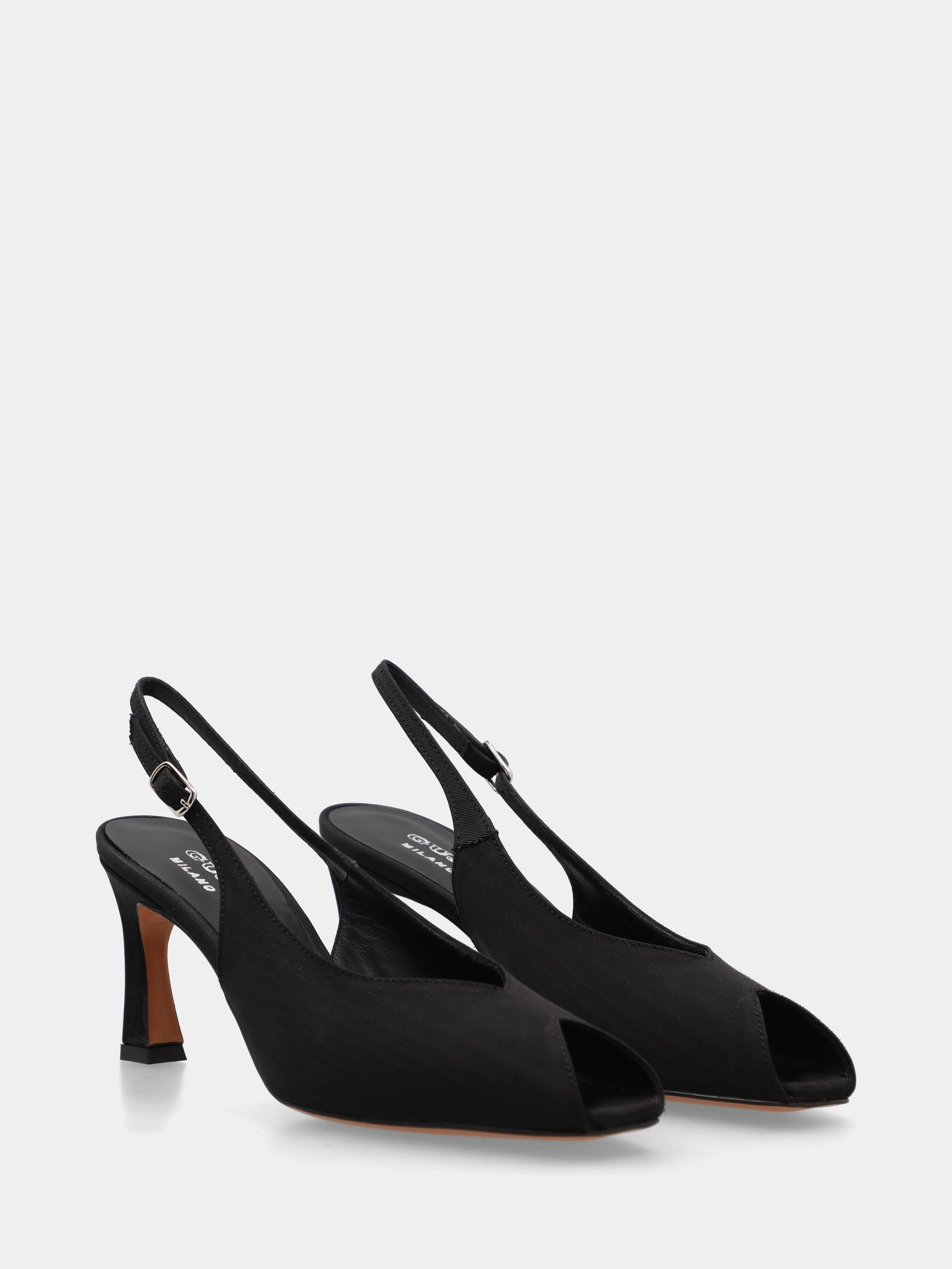 Slingback open toe in tessuto nero con tacco a coda 75mm