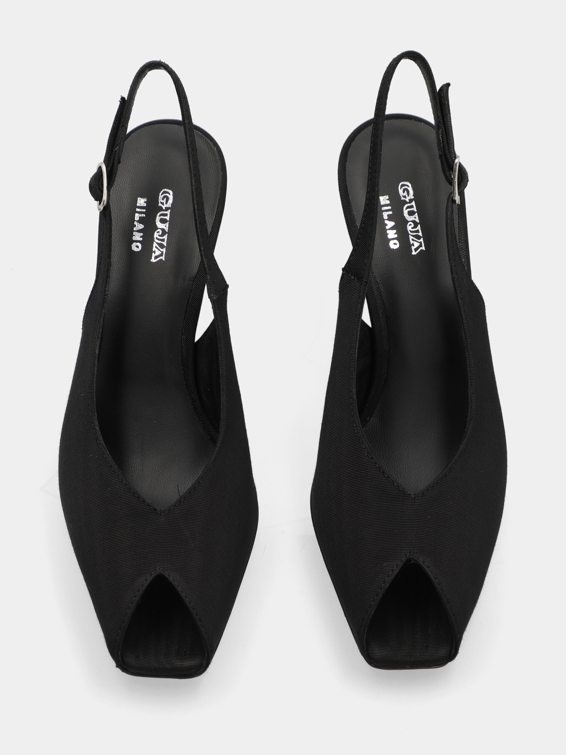 Slingback open toe in tessuto nero con tacco a coda 75mm