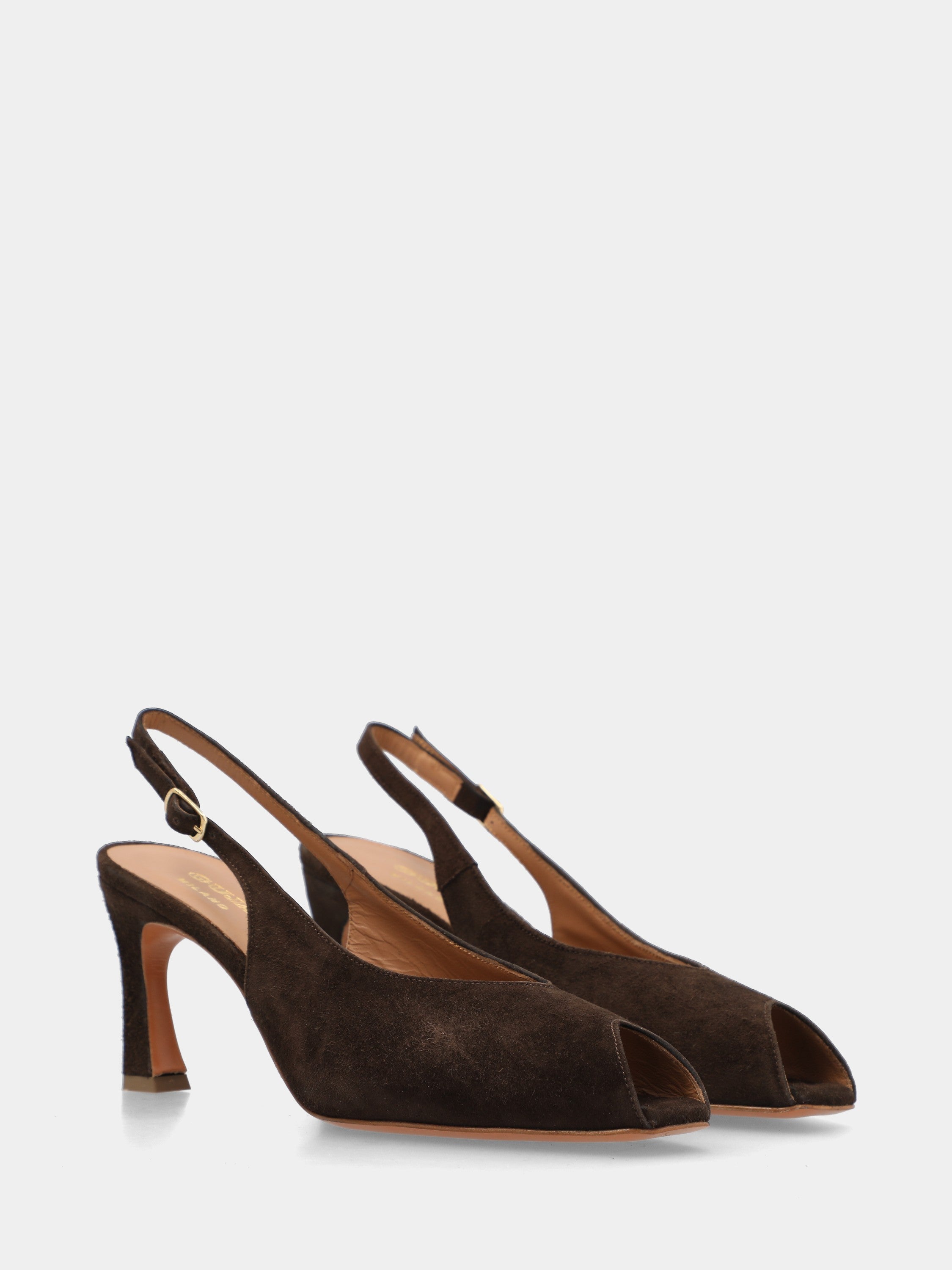 Slingback open-toe in camoscio testa di moro con tacco a coda