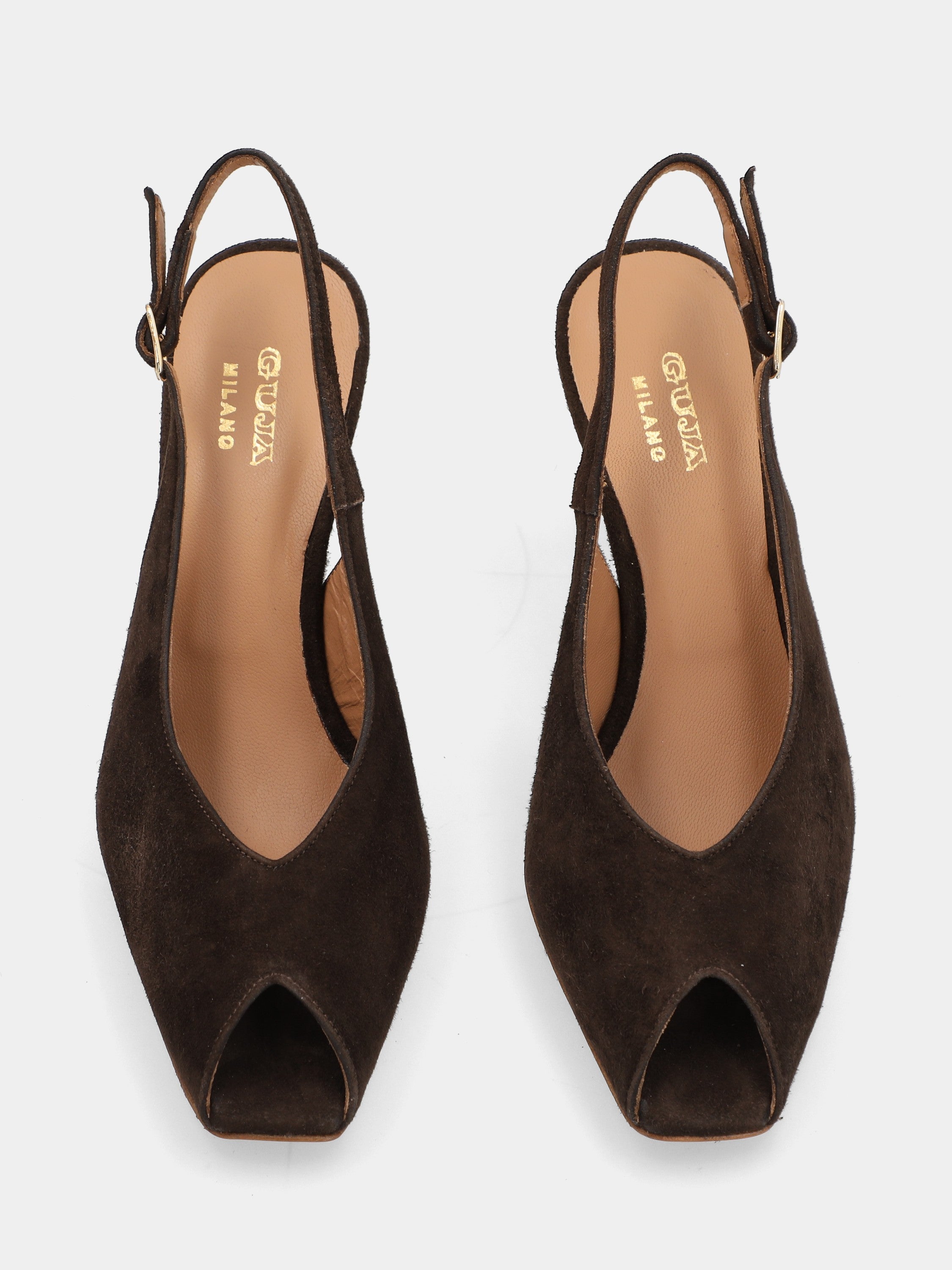 Slingback open-toe in camoscio testa di moro con tacco a coda