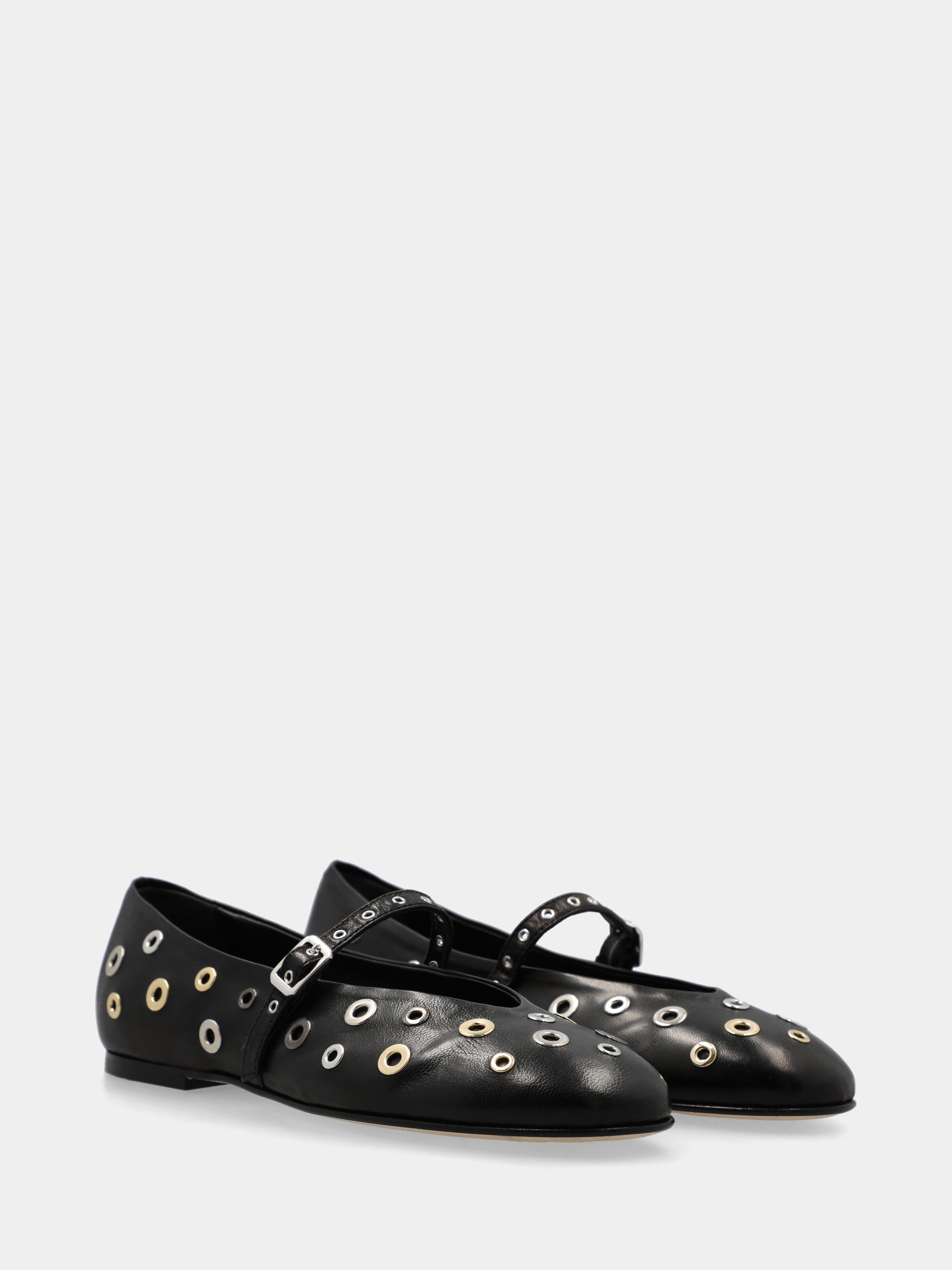 Mary Jane in perforated black nappa with rings and sacchetto-constructed stitching