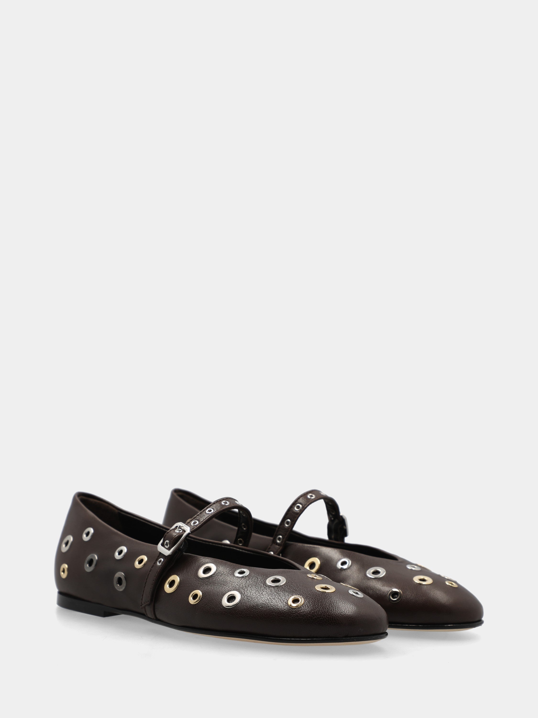 Ballet flat Mary Jane in perforated dark brown nappa with small rings and sacchetto-constructed stitching