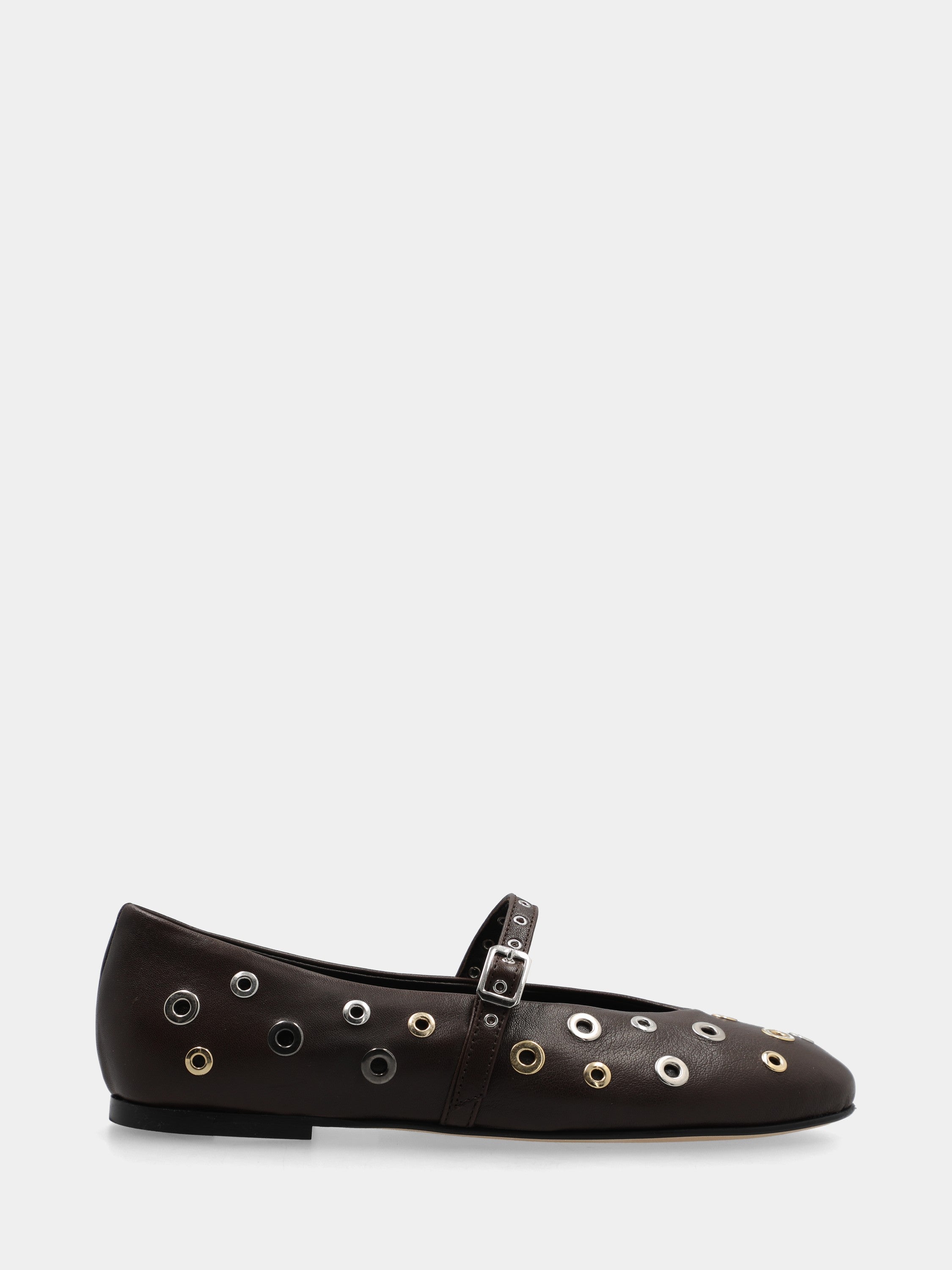 Ballet flat Mary Jane in perforated dark brown nappa with small rings and sacchetto-constructed stitching