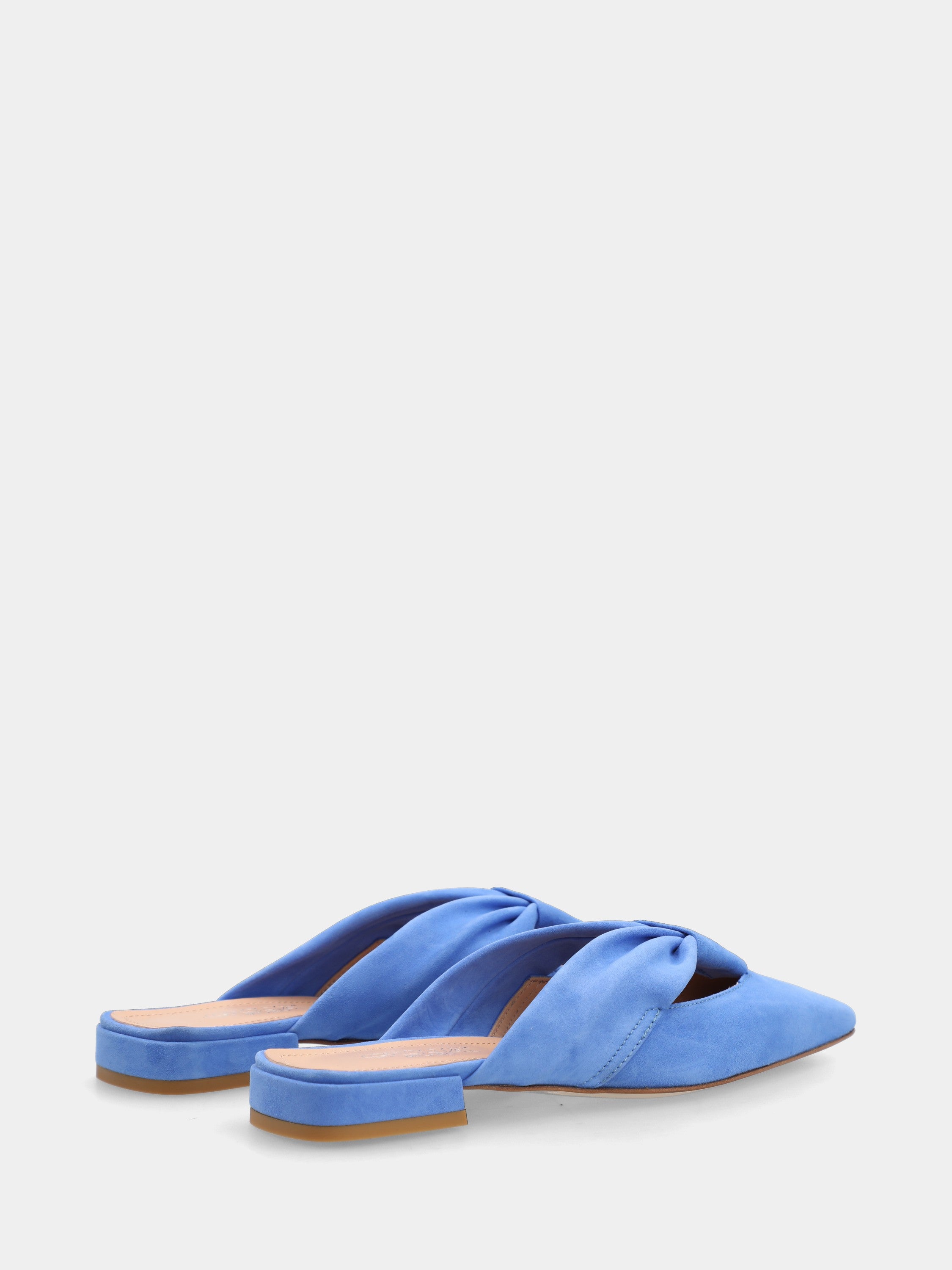 Blue suede clogs with knot and square toe