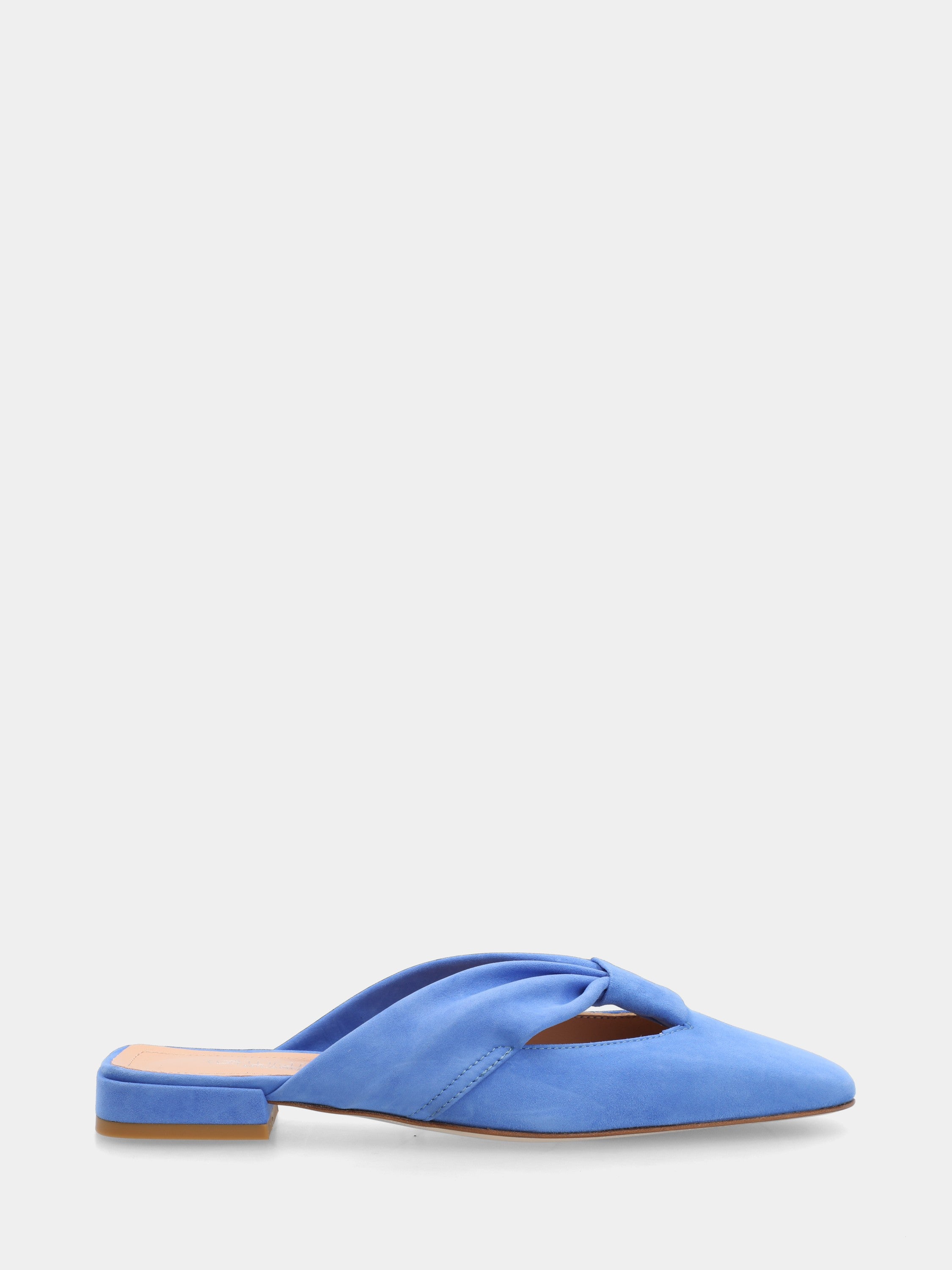 Blue suede clogs with knot and square toe