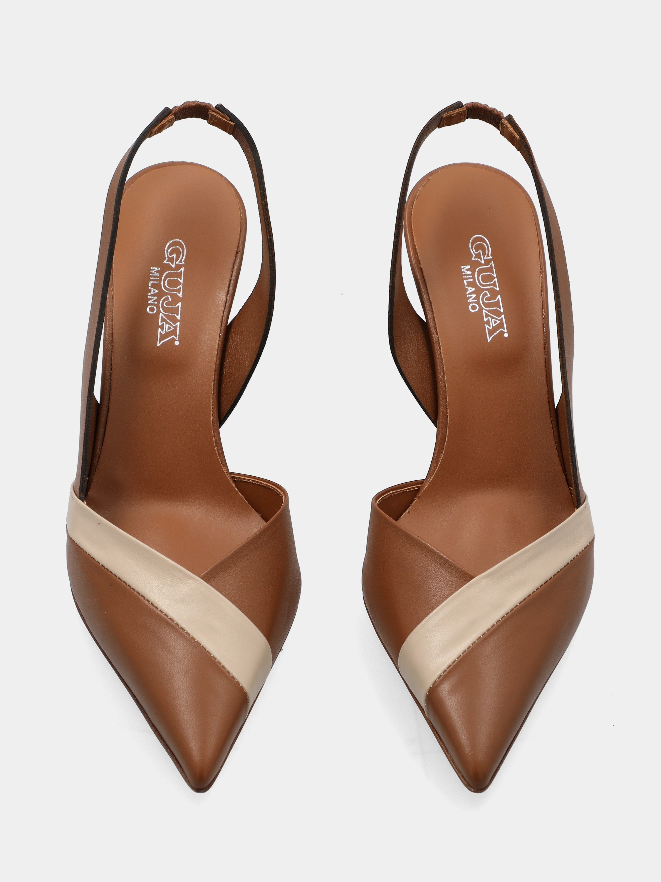 Bicolore Slingback aus Kalbsleder in Cognac und Beige mit asymmetrischem Schnitt