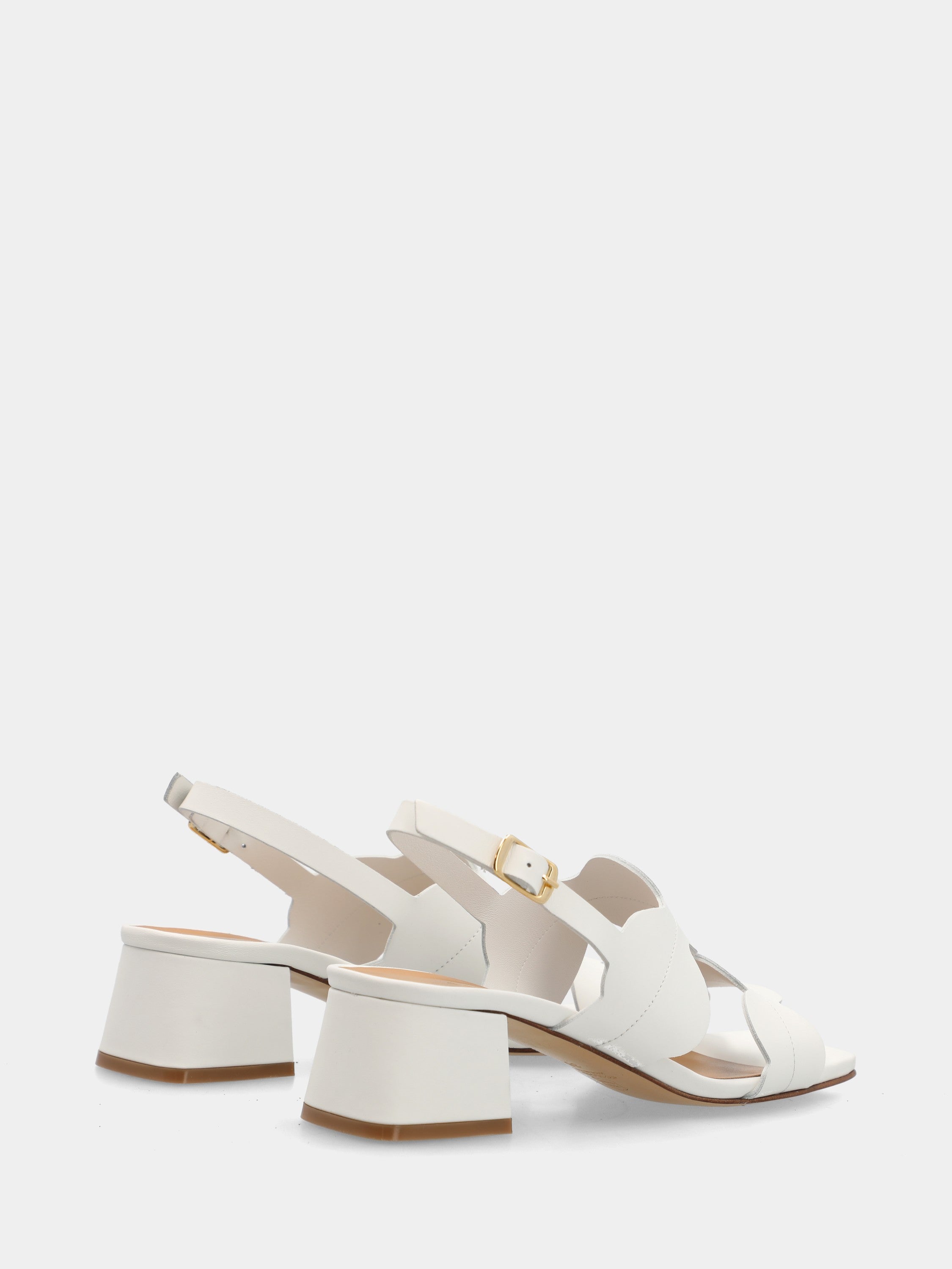 White calf leather sandal with disc straps and block heel