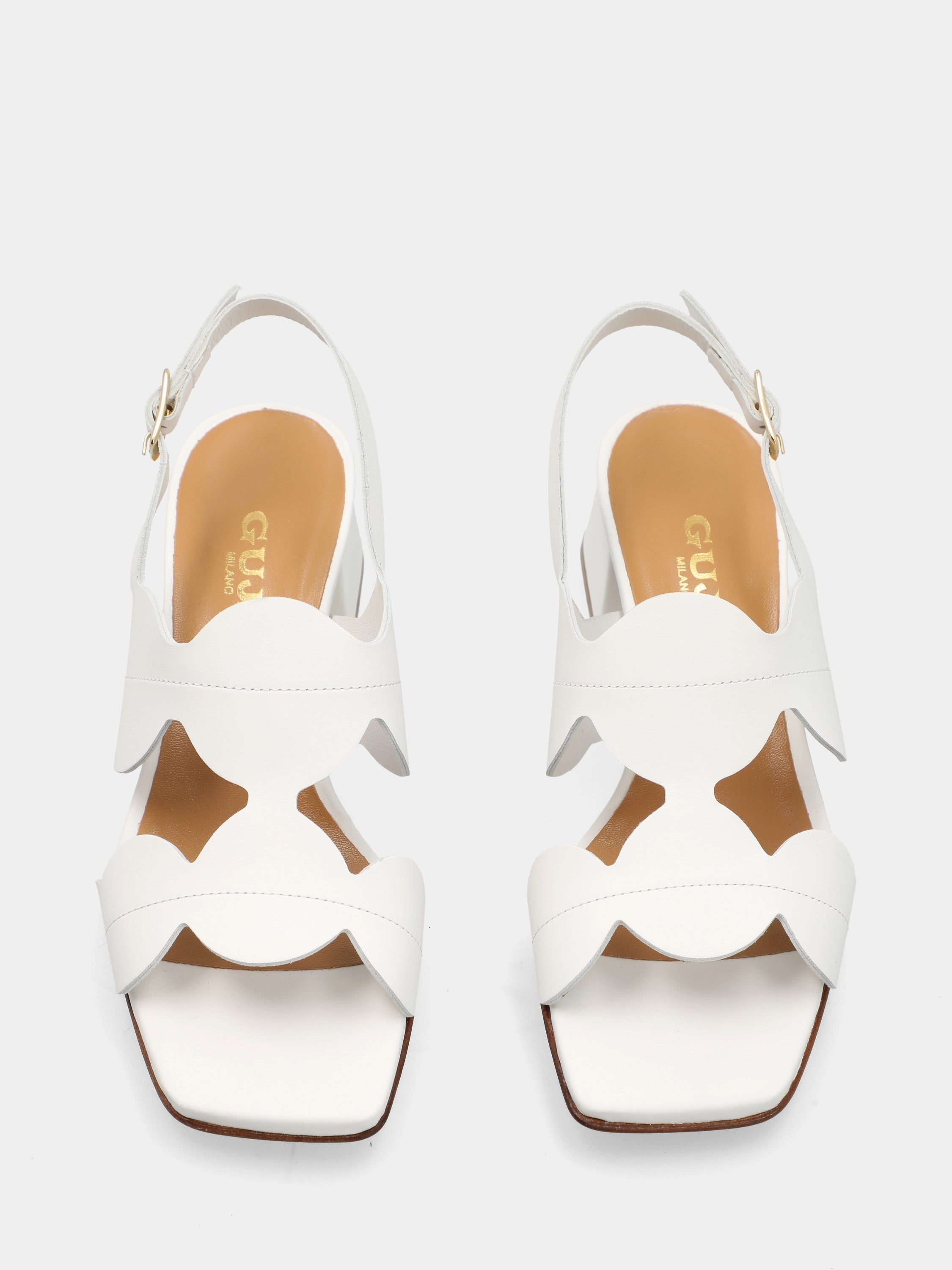 White calf leather sandal with disc straps and block heel