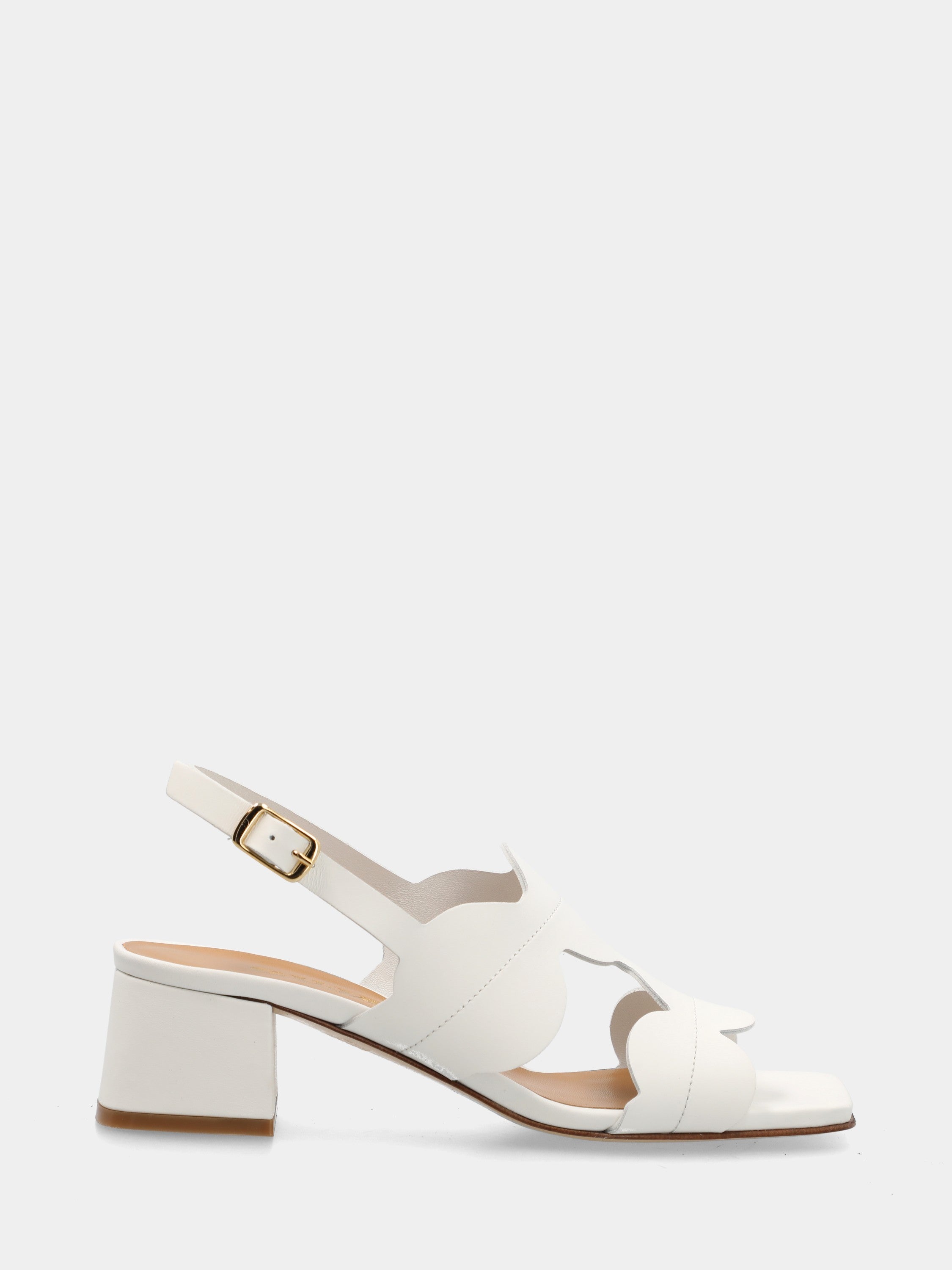 White calf leather sandal with disc straps and block heel