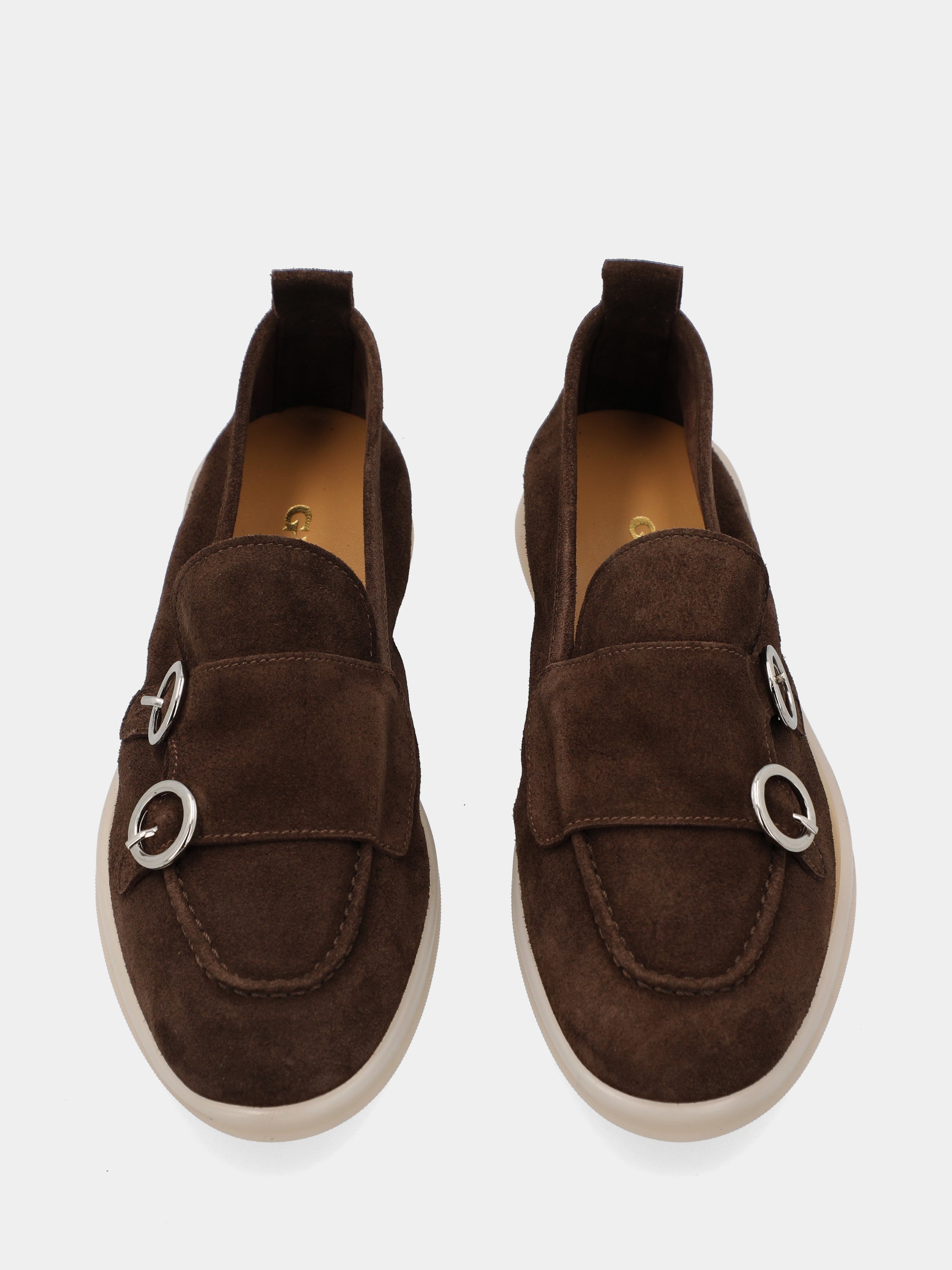 Dark brown velour moccasin with double buckle and 15mm sole