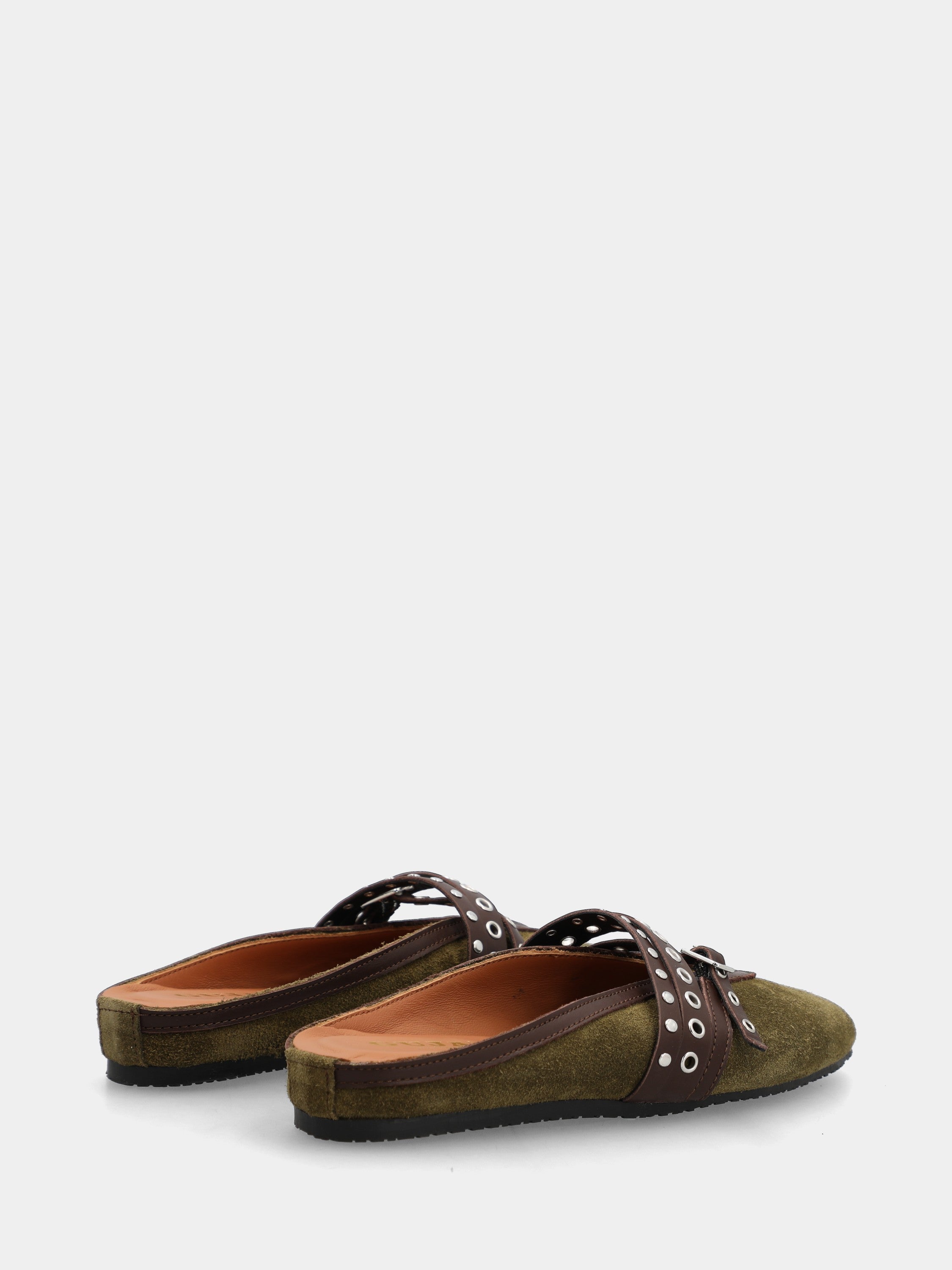 Green velour clog with studded straps and flat heel