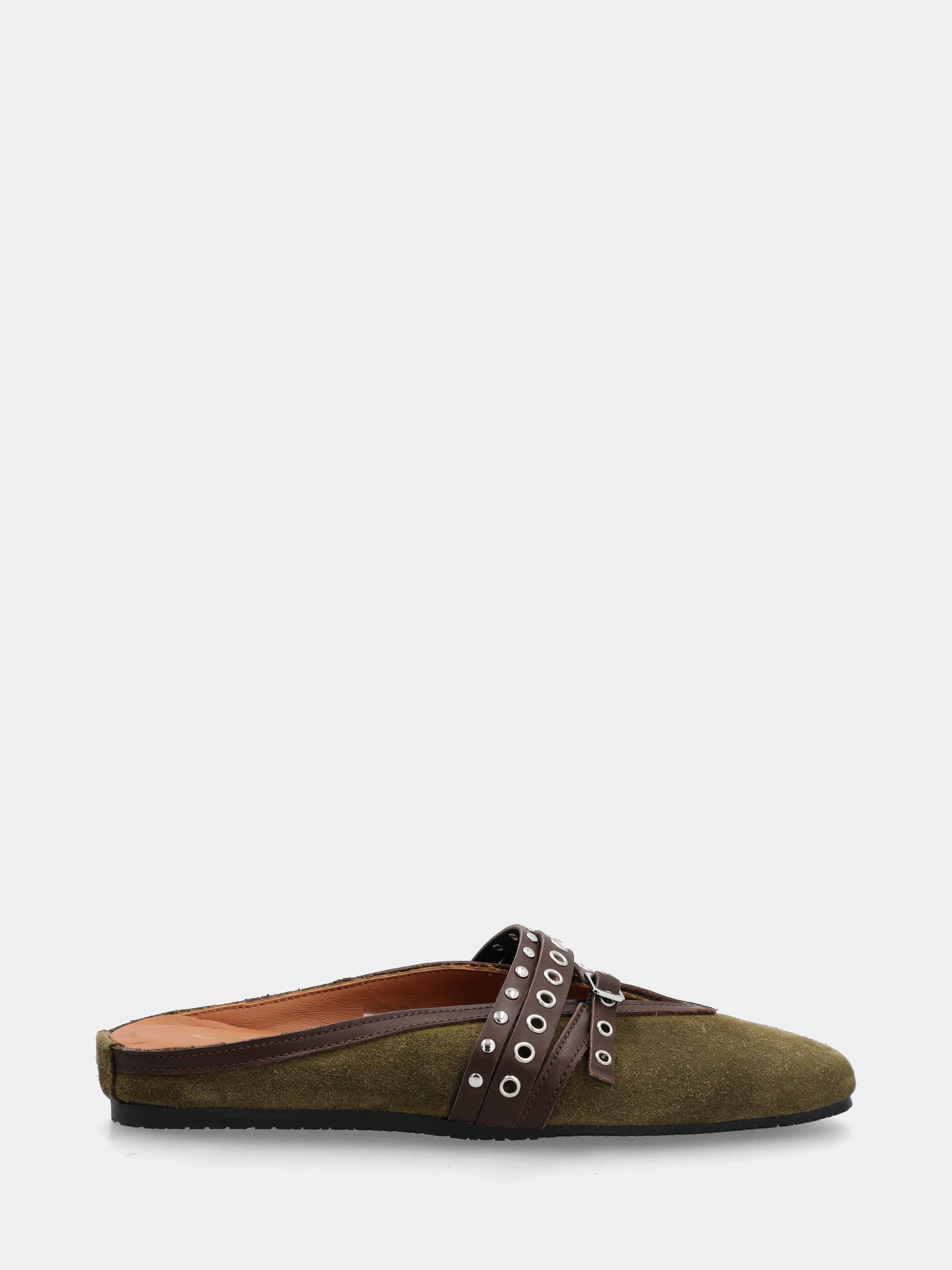 Green velour clog with studded straps and flat heel