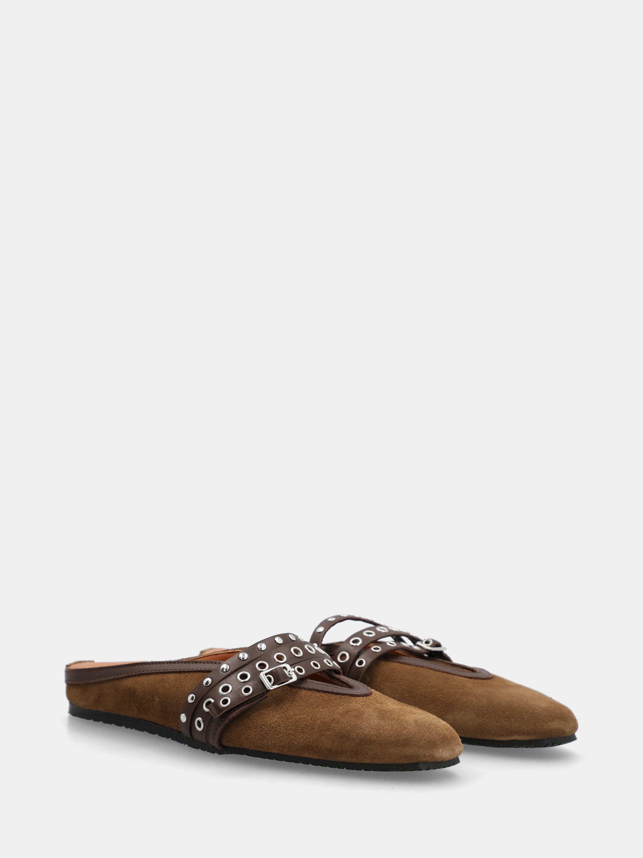 Taupe velour clogs with studded straps and flat heel