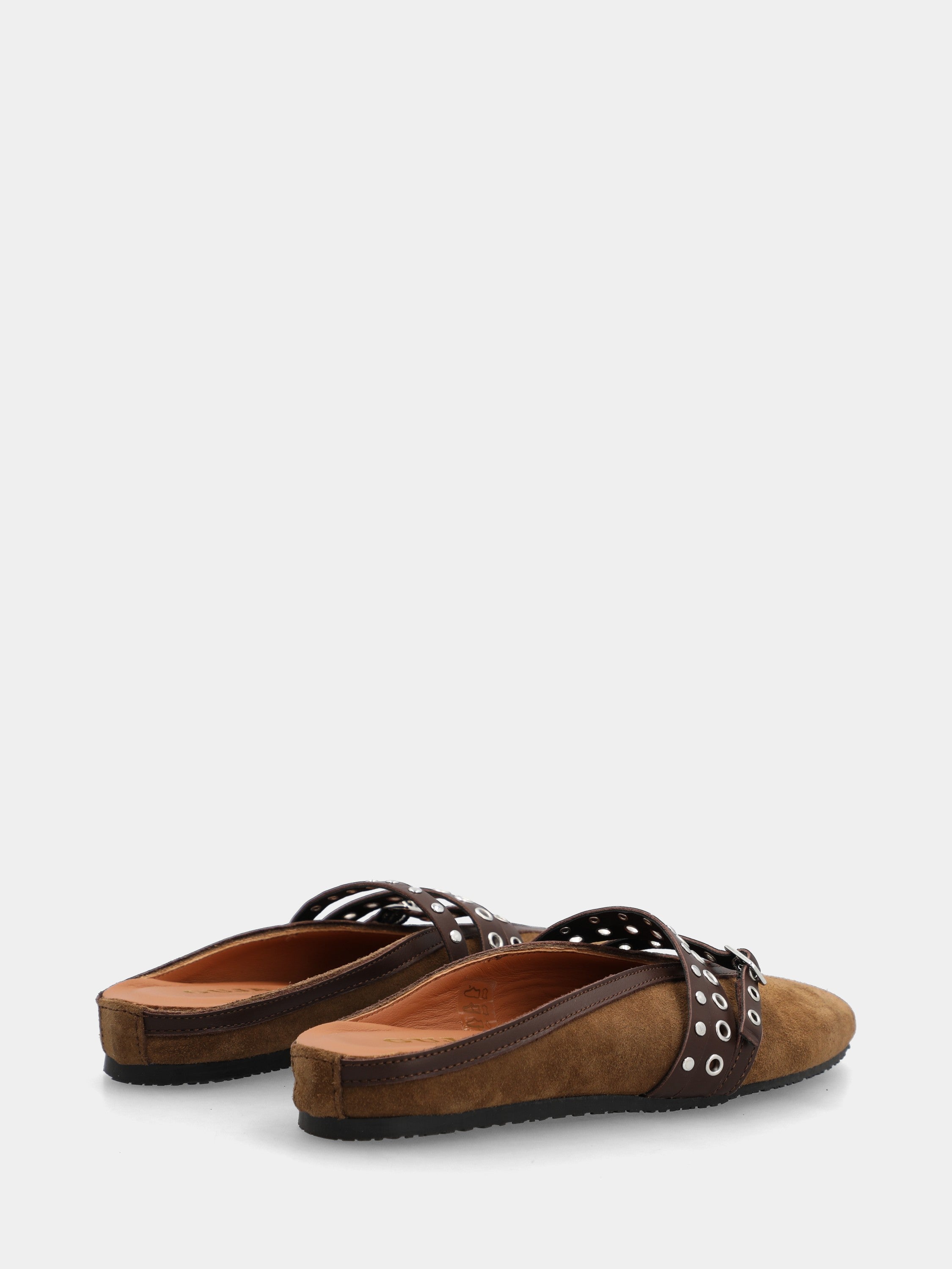 Taupe velour clogs with studded straps and flat heel